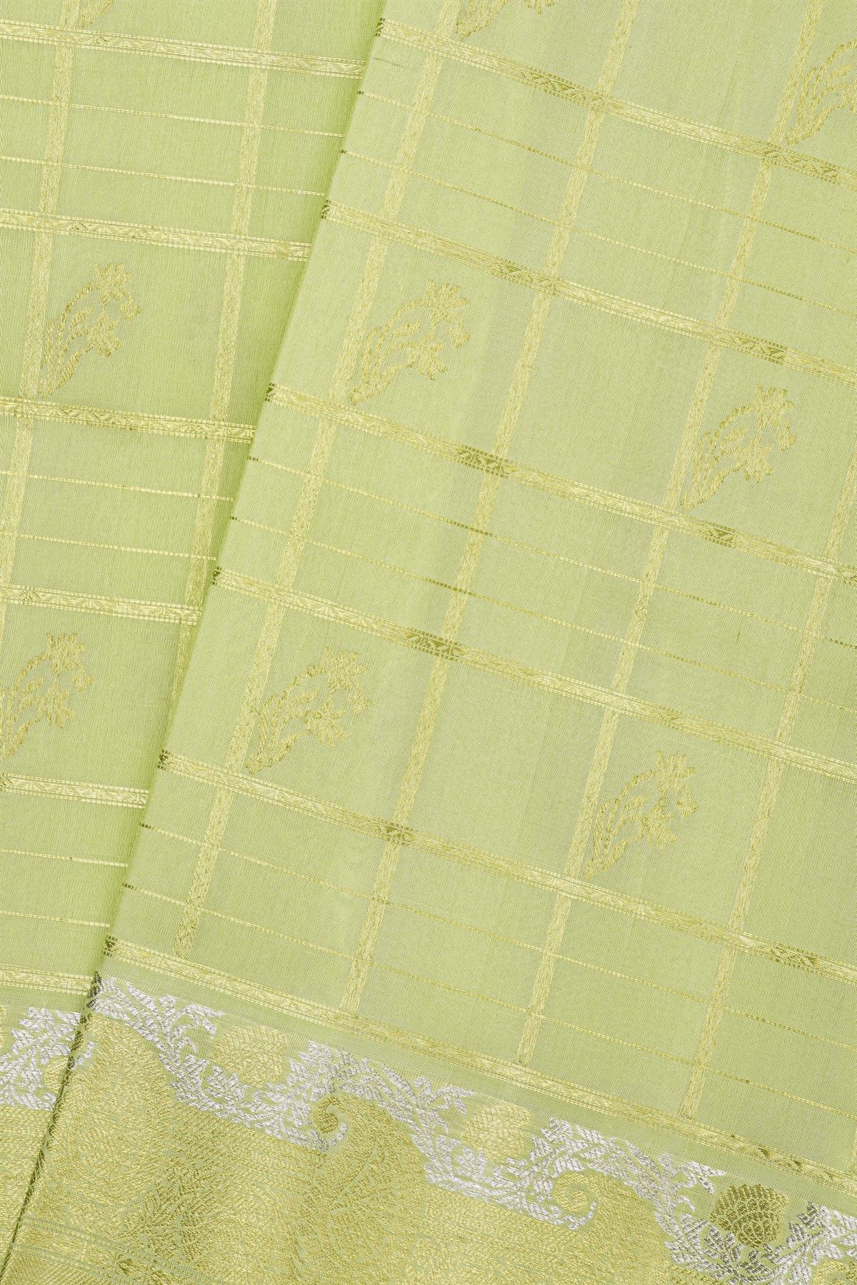Venkatagiri Silk Pista Green Saree With Checks Floral And Buttis Body
