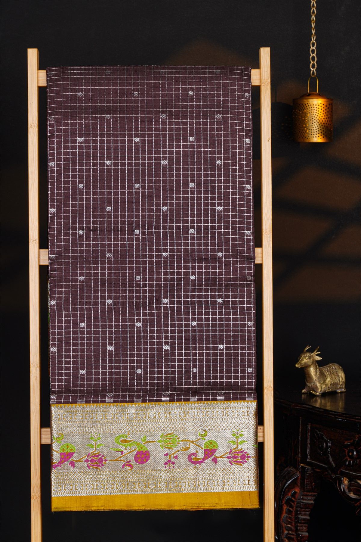 Venkatagiri Silk Dark Brown Saree With Zari Checks And Floral Buttis Body