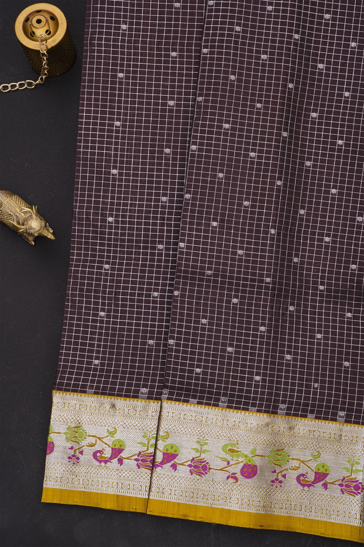 Venkatagiri Silk Dark Brown Saree With Zari Checks And Floral Buttis Body