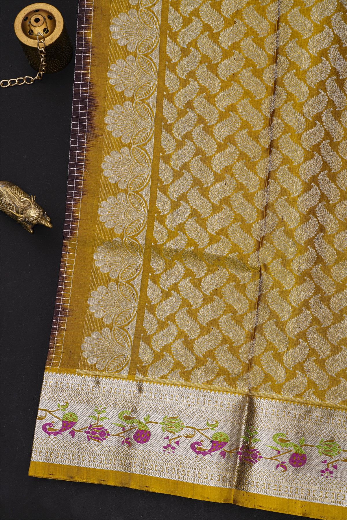 Venkatagiri Silk Dark Brown Saree With Zari Checks And Floral Buttis Body