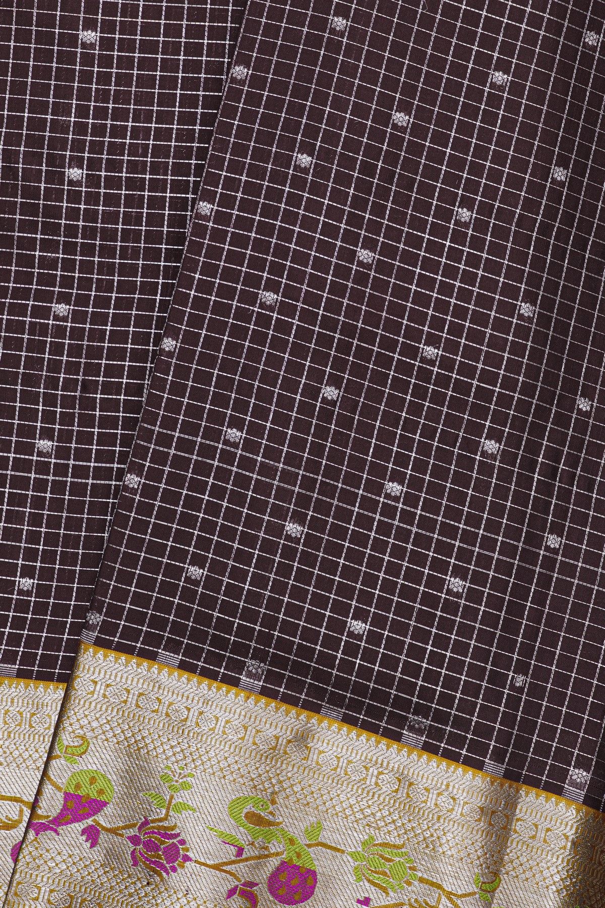 Venkatagiri Silk Dark Brown Saree With Zari Checks And Floral Buttis Body