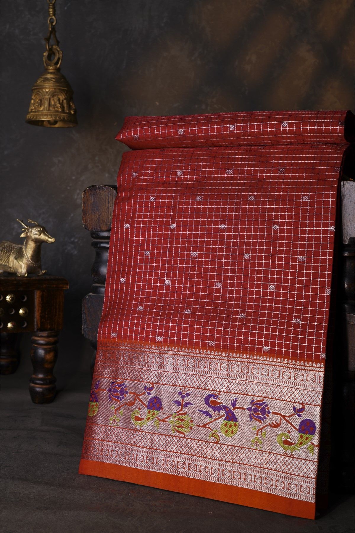 Venkatagiri Silk Maroon Saree With Zari Checks And Floral Buttis Body