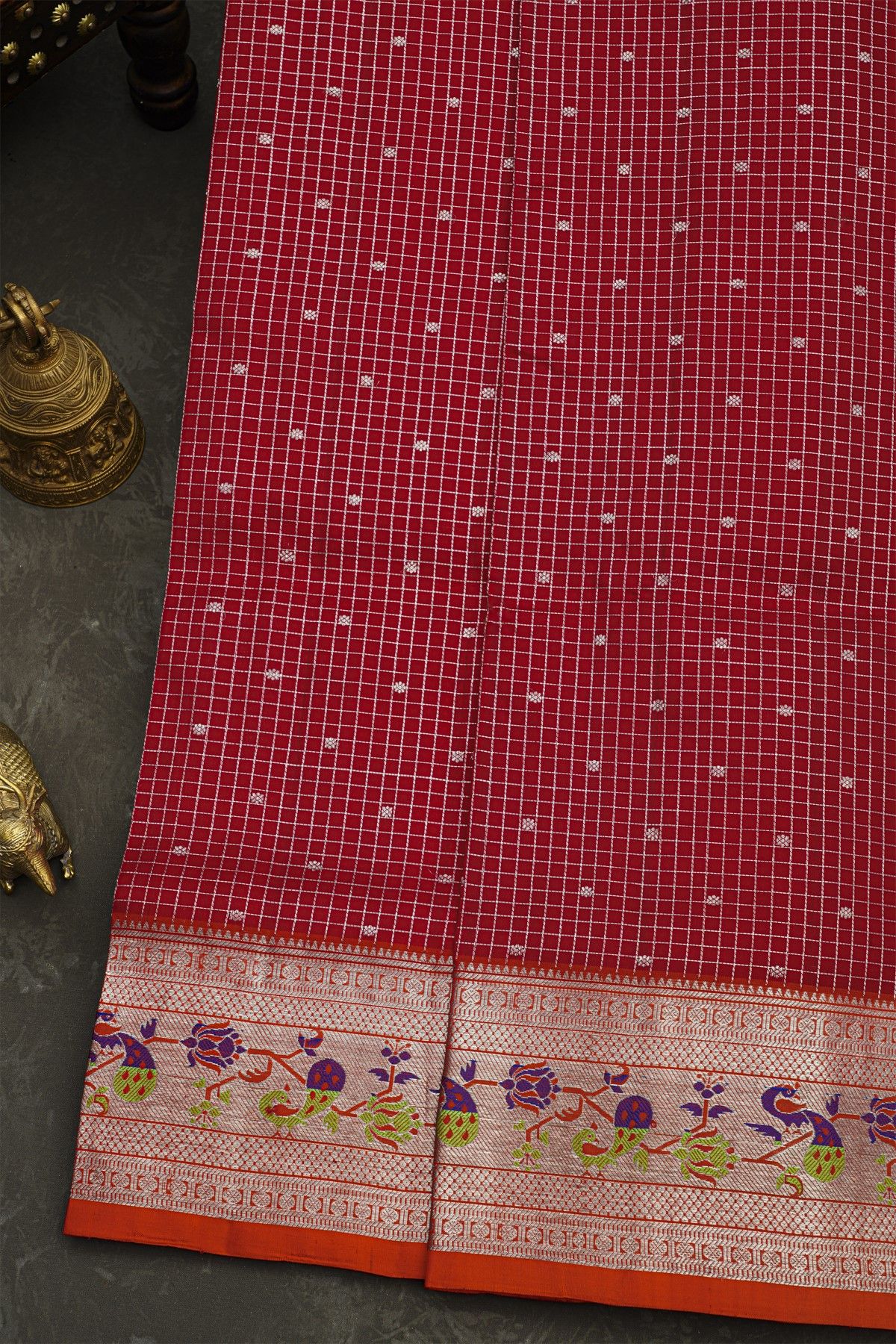 Venkatagiri Silk Maroon Saree With Zari Checks And Floral Buttis Body
