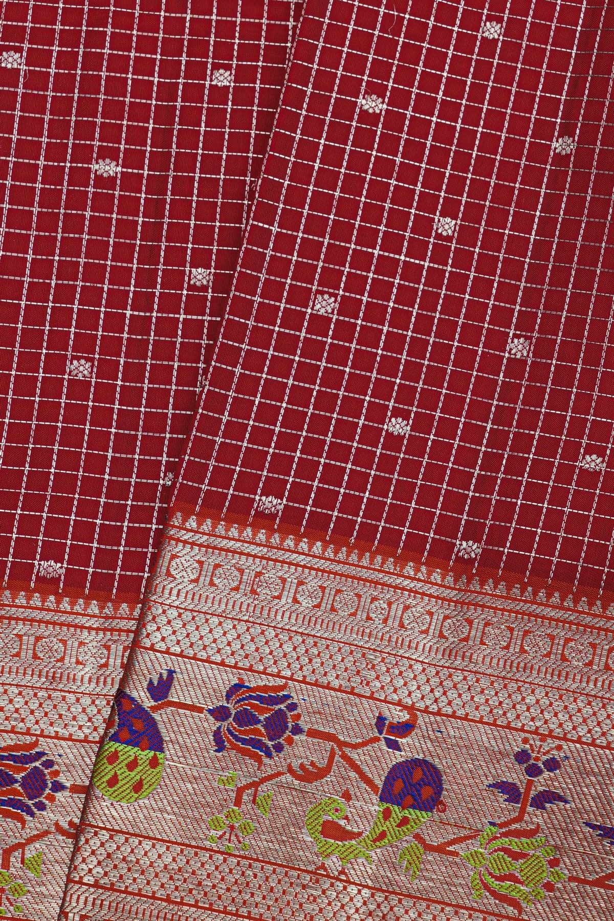 Venkatagiri Silk Maroon Saree With Zari Checks And Floral Buttis Body