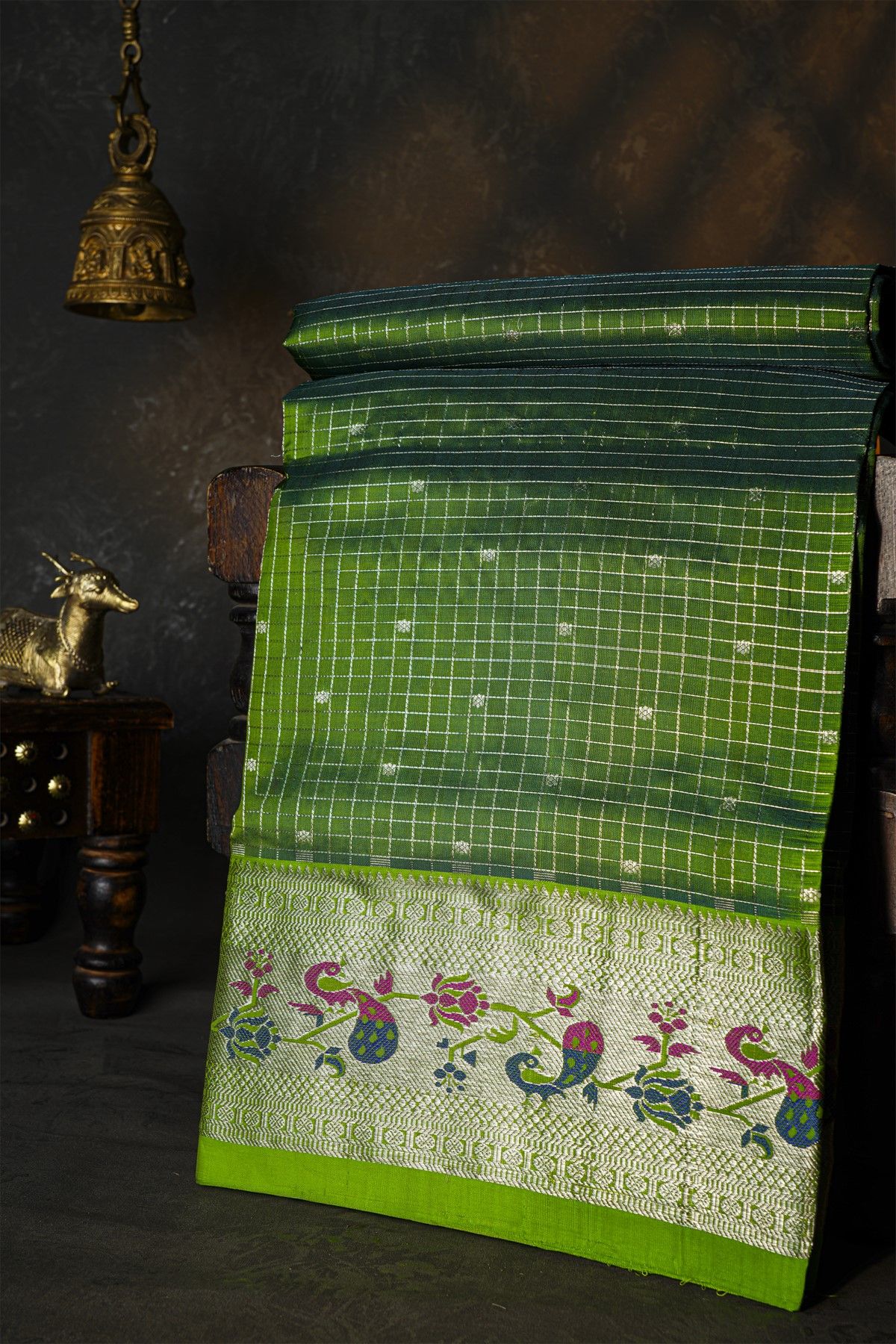 Venkatagiri Silk Bottle Green Saree With Florals And Birds Border