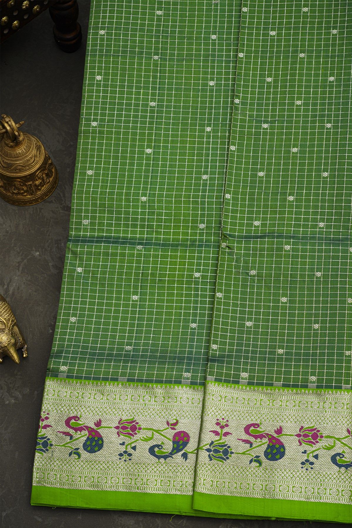Venkatagiri Silk Bottle Green Saree With Florals And Birds Border