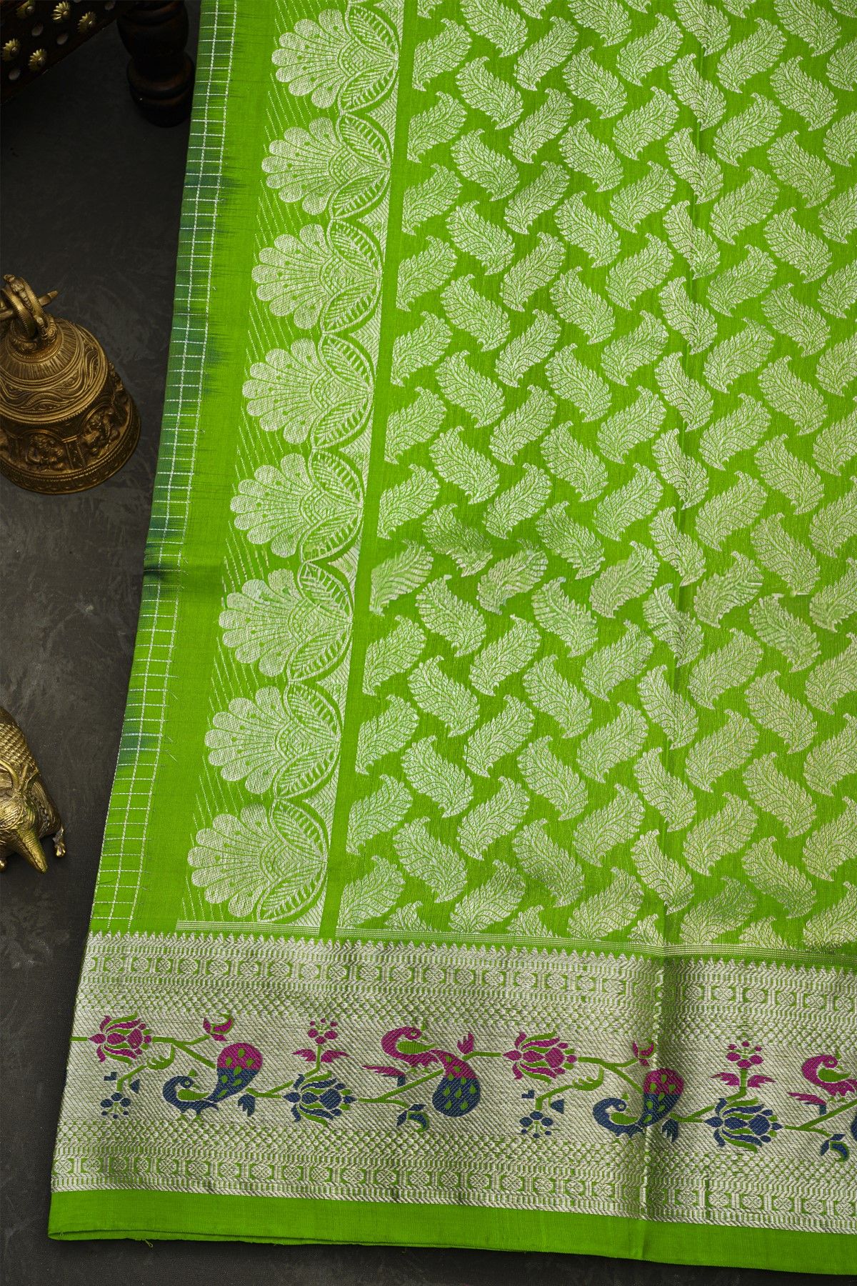 Venkatagiri Silk Bottle Green Saree With Florals And Birds Border