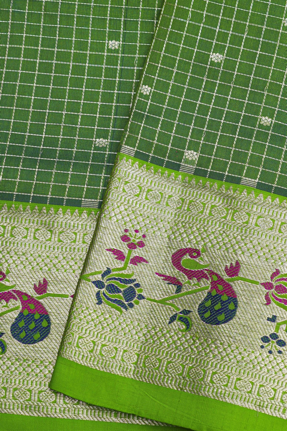 Venkatagiri Silk Bottle Green Saree With Florals And Birds Border