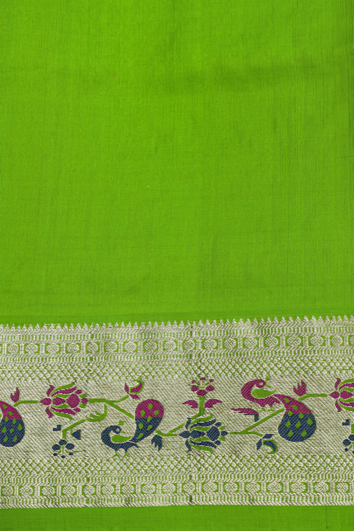 Venkatagiri Silk Bottle Green Saree With Florals And Birds Border