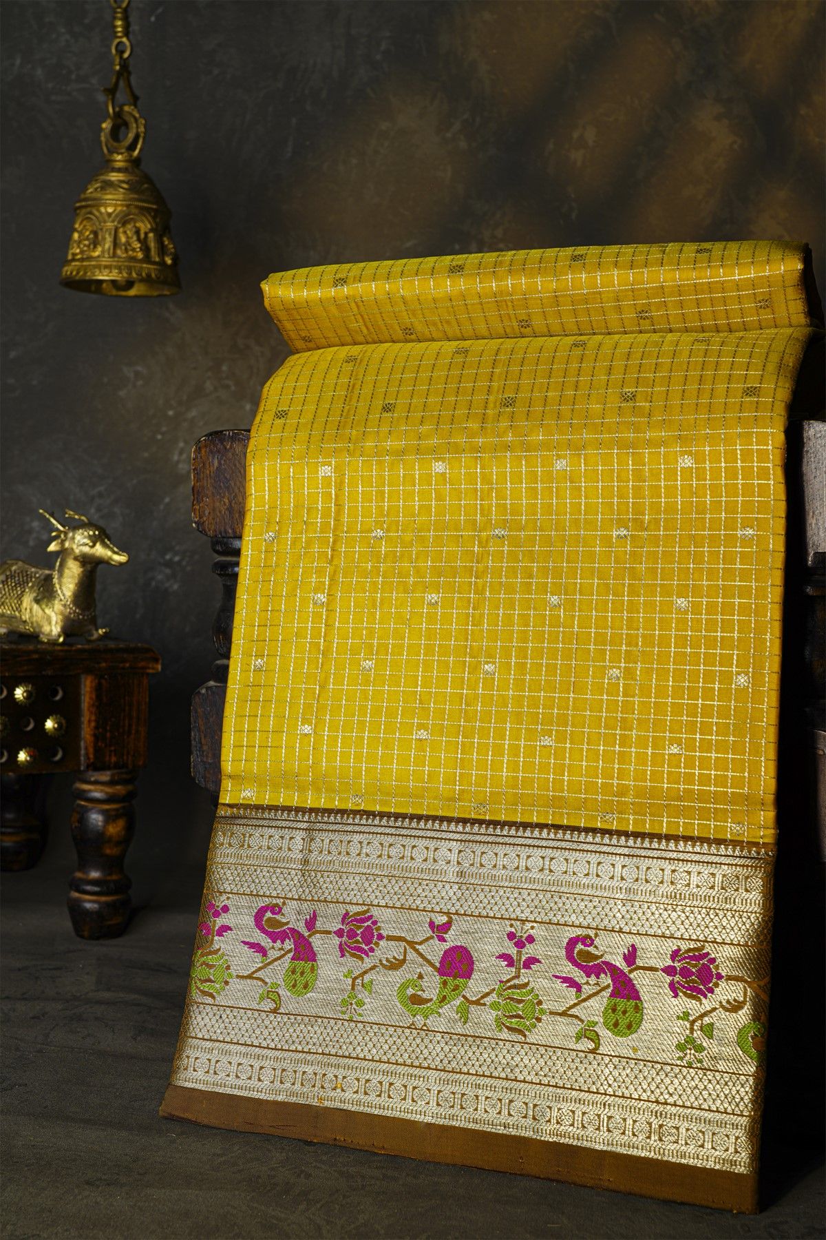 Venkatagiri Silk Yellow Saree With Zari Checks And Floral Buttis Body
