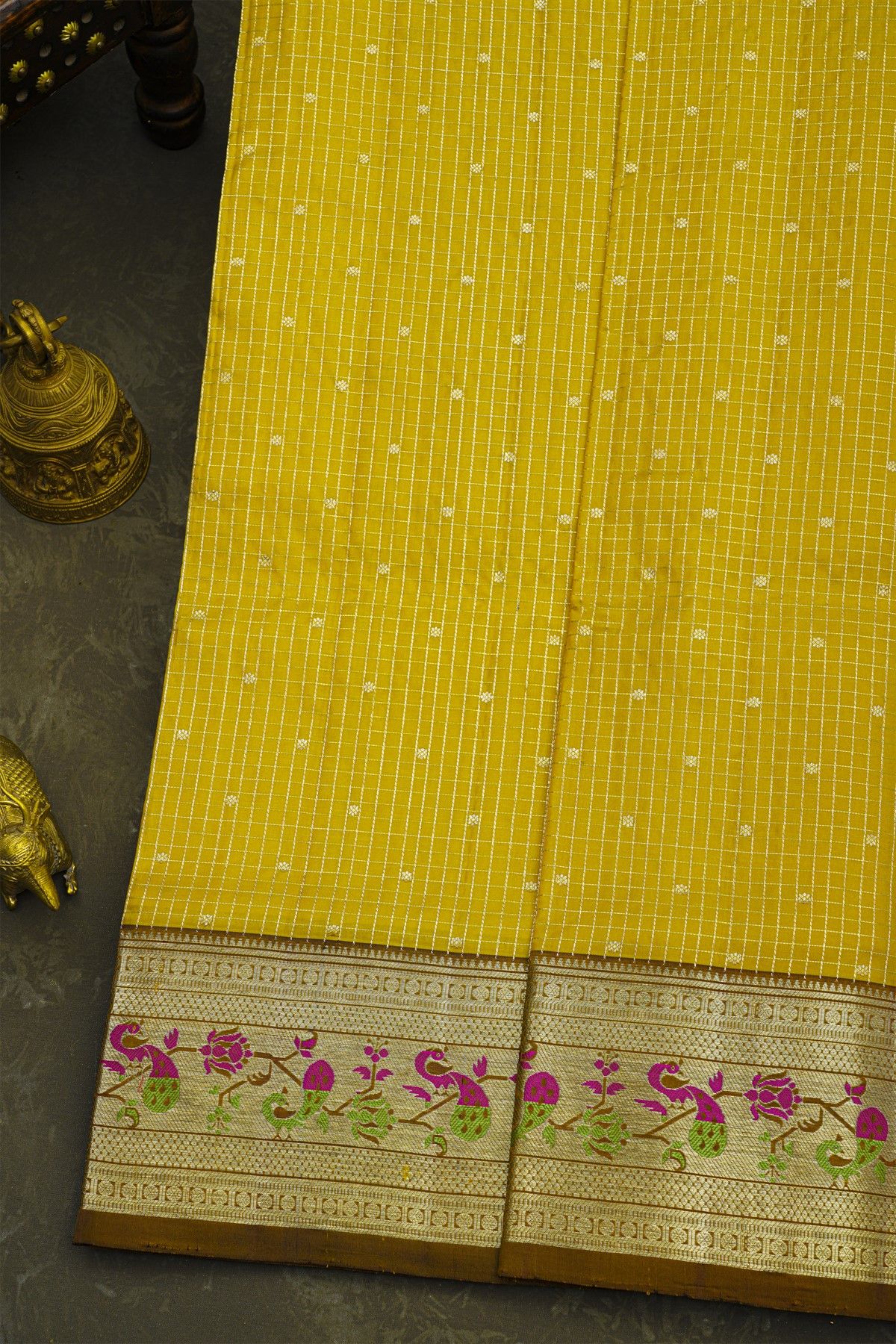 Venkatagiri Silk Yellow Saree With Zari Checks And Floral Buttis Body