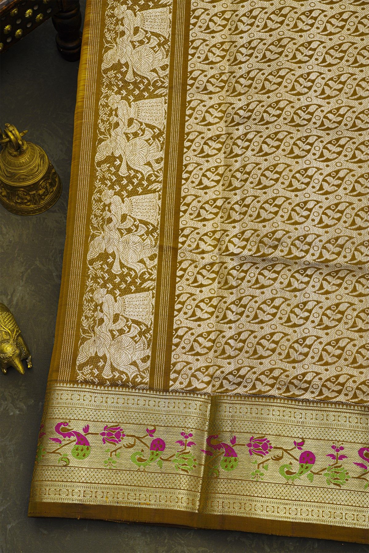 Venkatagiri Silk Yellow Saree With Zari Checks And Floral Buttis Body