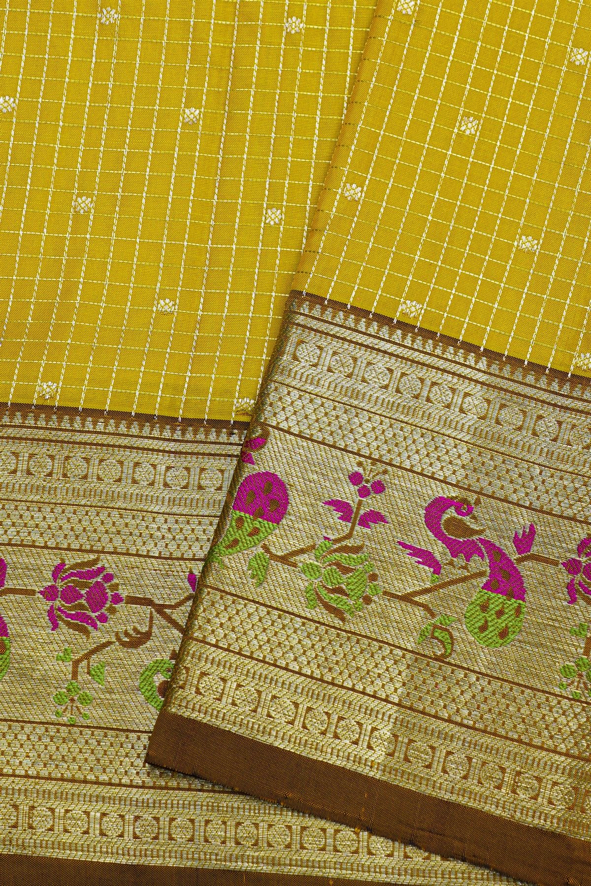 Venkatagiri Silk Yellow Saree With Zari Checks And Floral Buttis Body