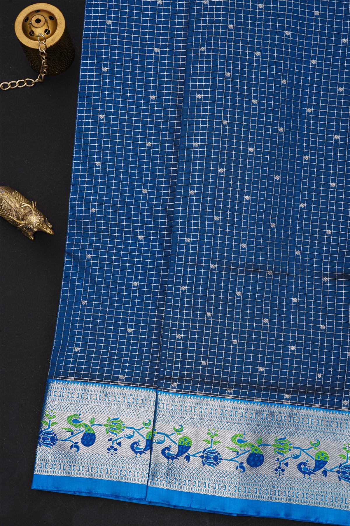 Venkatagiri Silk Royal Blue Saree With Zari Checks Floral And Buttis Body