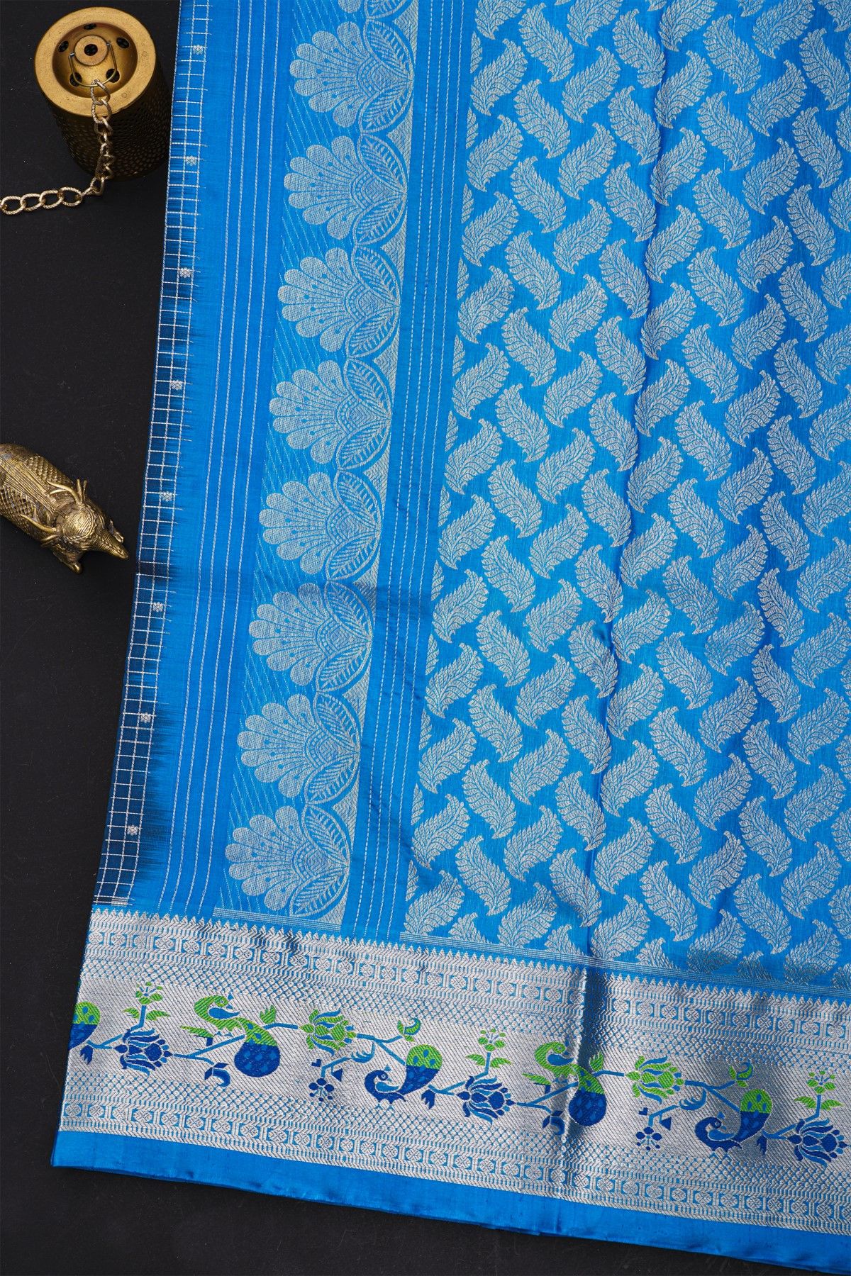Venkatagiri Silk Royal Blue Saree With Zari Checks Floral And Buttis Body