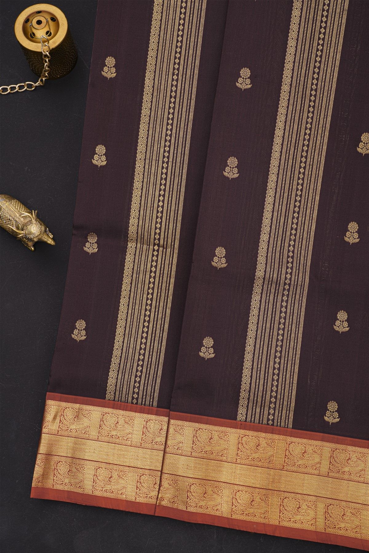 Venkatagiri Silk Dark Brown Saree With Zari Lines And Floral Buttis Body