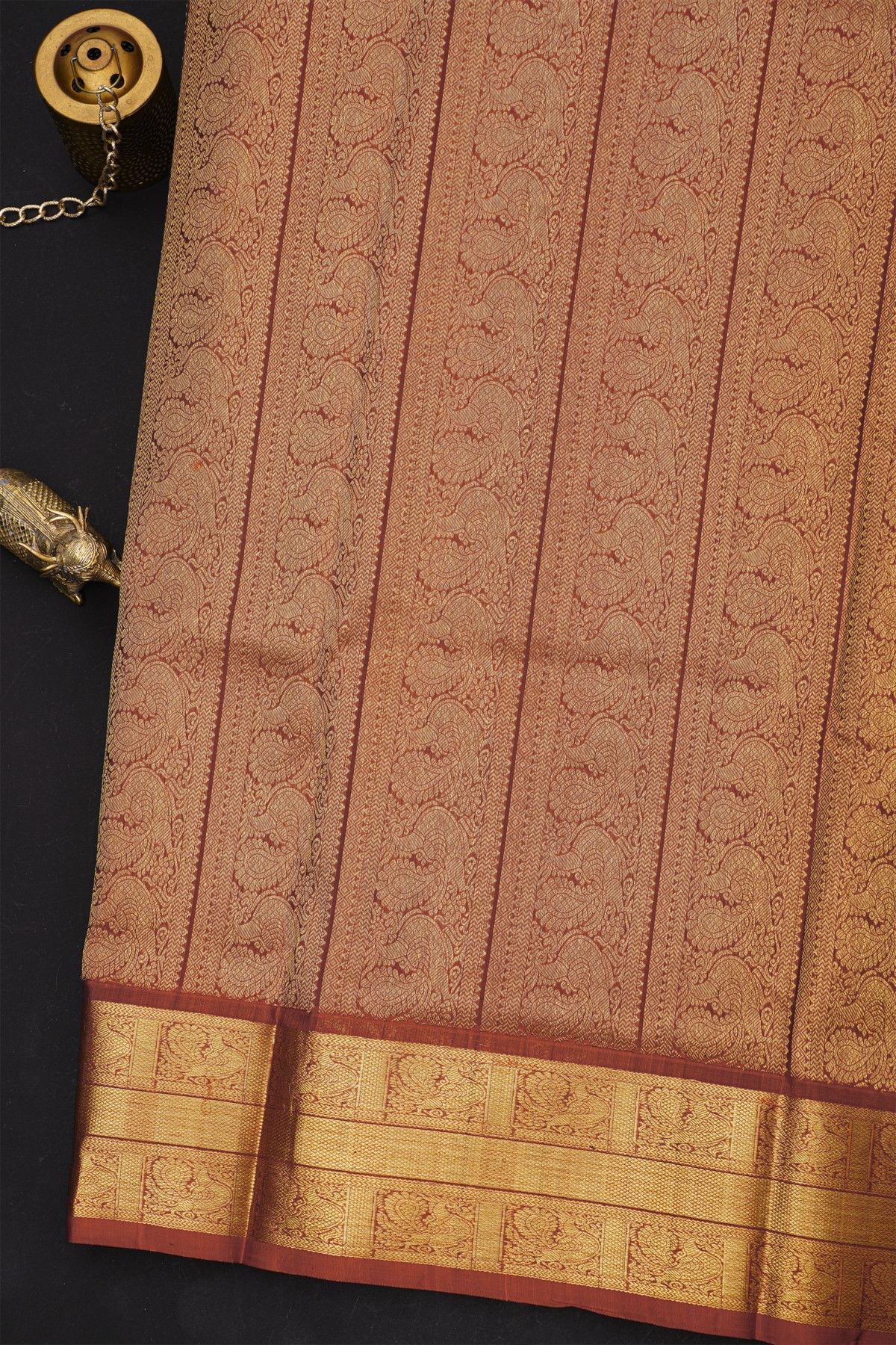 Venkatagiri Silk Dark Brown Saree With Zari Lines And Floral Buttis Body