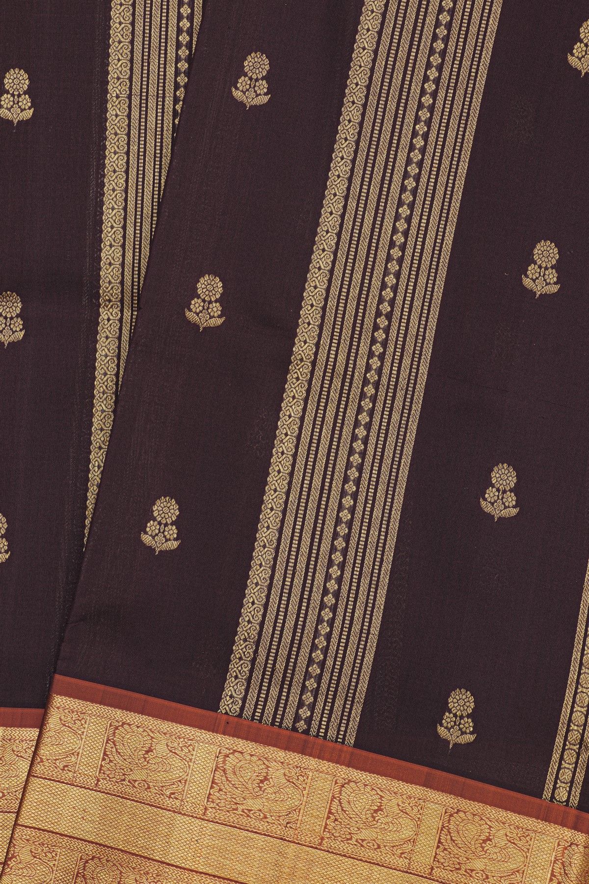 Venkatagiri Silk Dark Brown Saree With Zari Lines And Floral Buttis Body