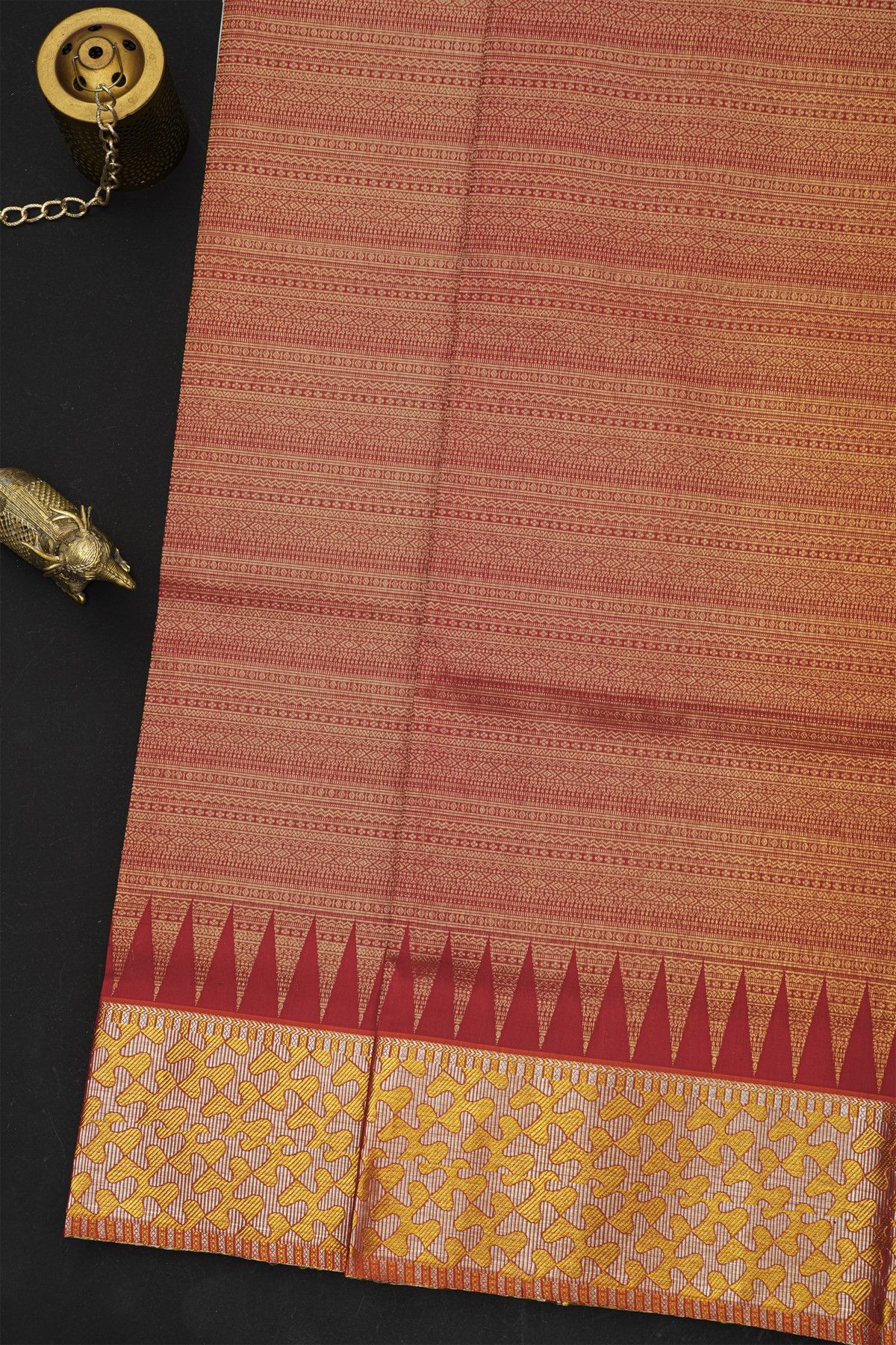 Venkatagiri Silk Brick Red Saree With Floral And Temple Border