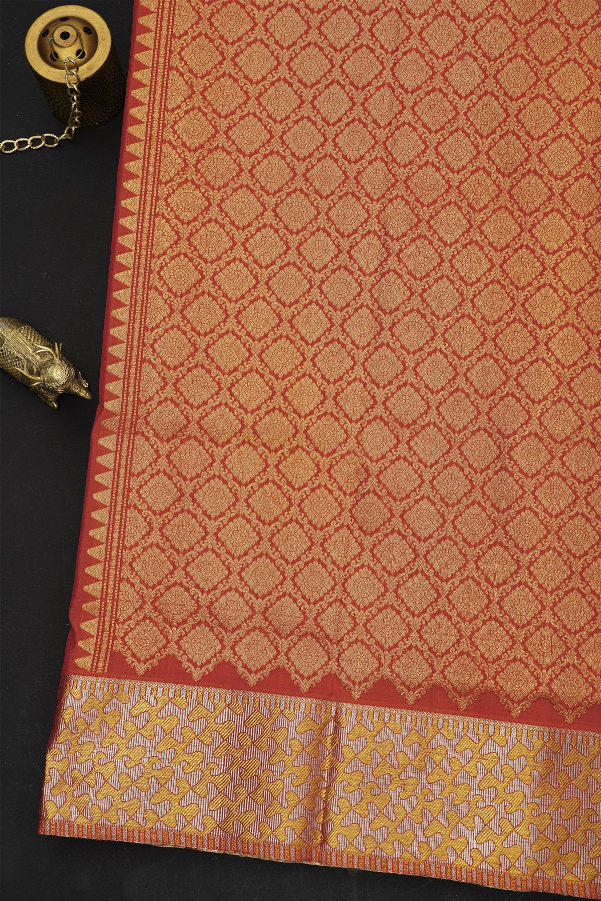 Venkatagiri Silk Brick Red Saree With Floral And Temple Border