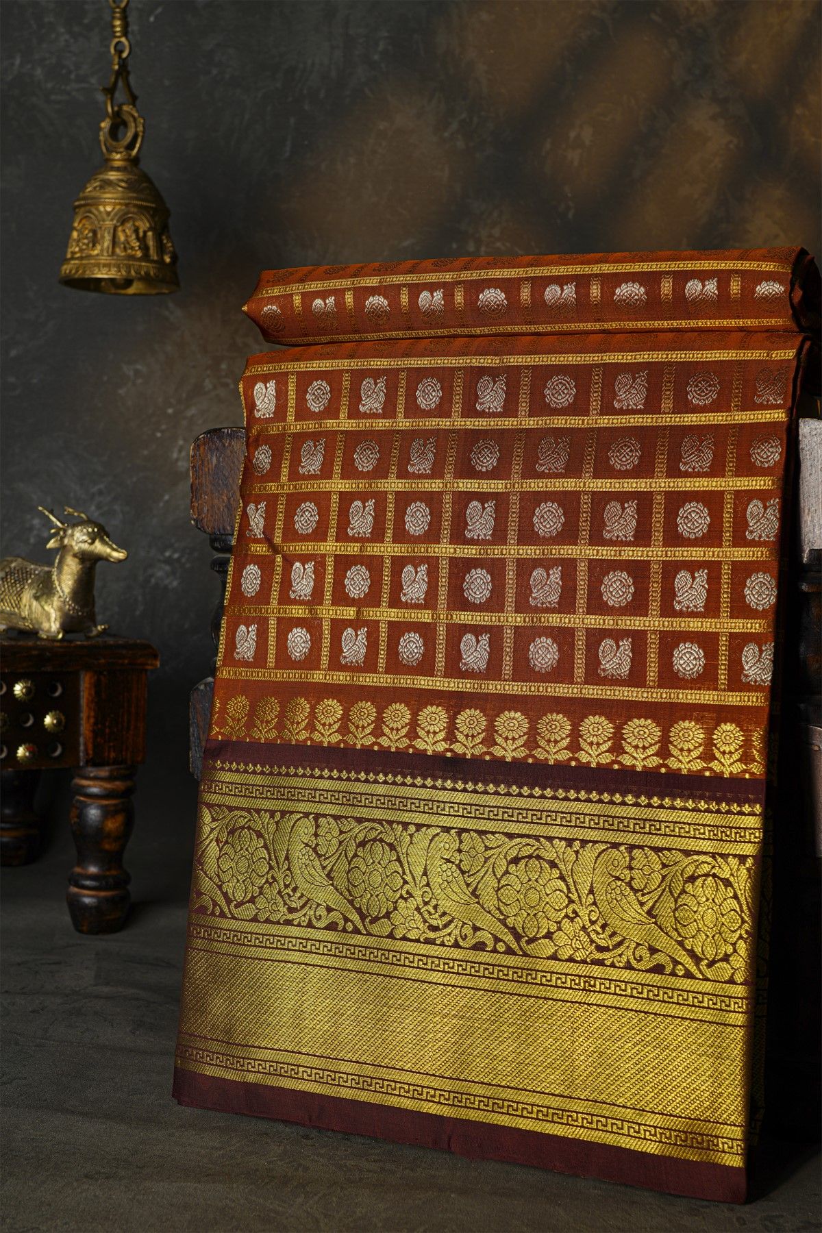 Venkatagiri Silk Brick Brown Saree With Floral Leaf Jaal And Birds Border