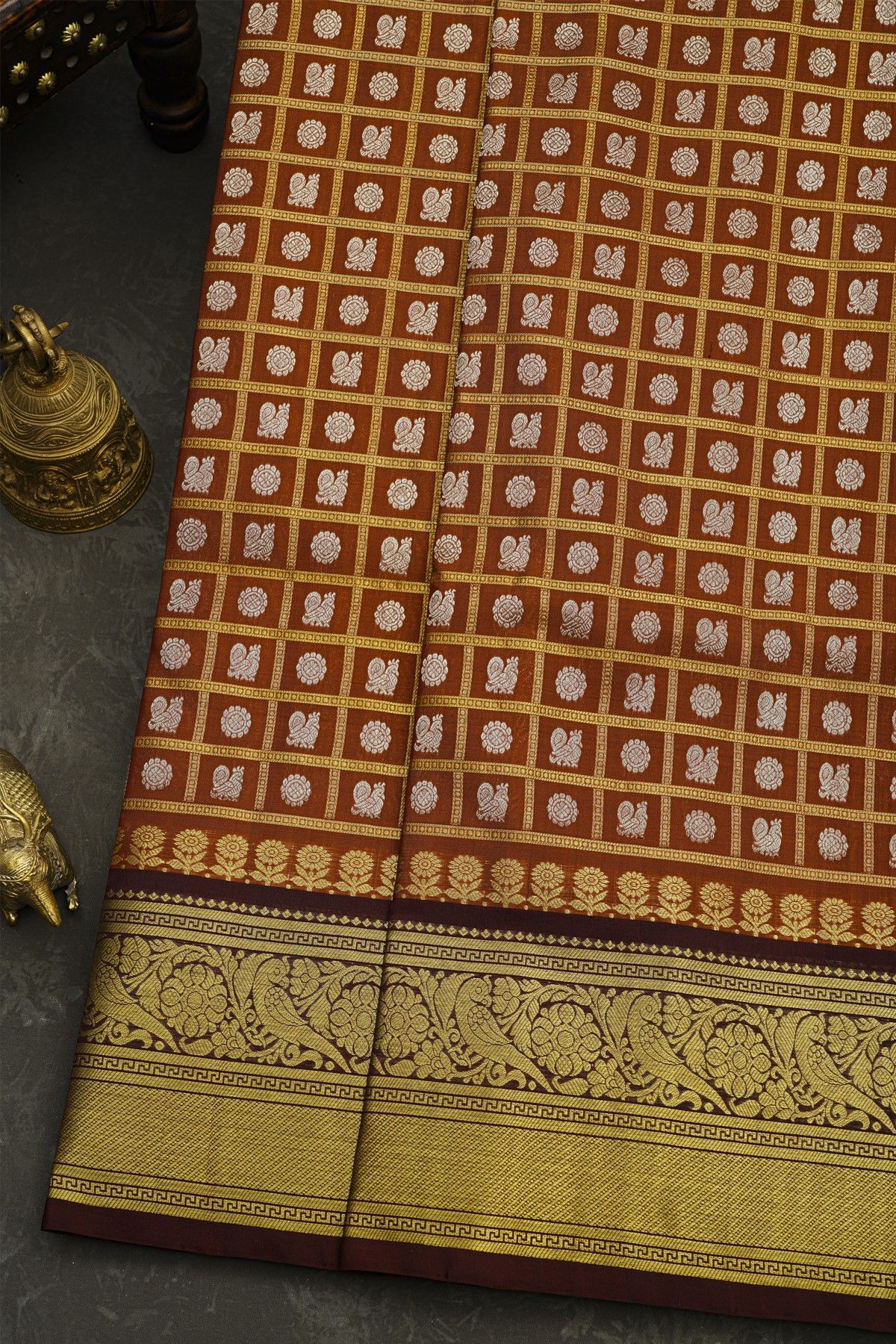 Venkatagiri Silk Brick Brown Saree With Floral Leaf Jaal And Birds Border