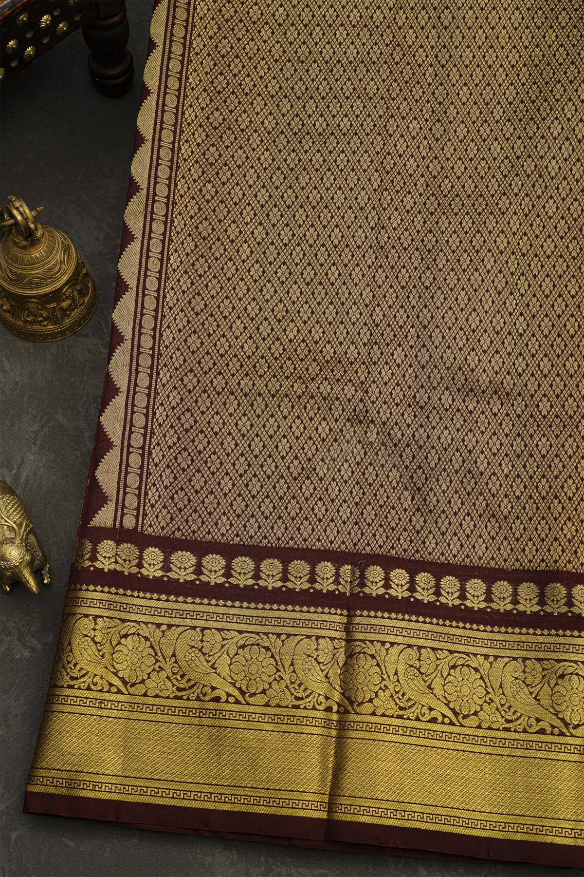 Venkatagiri Silk Brick Brown Saree With Floral Leaf Jaal And Birds Border