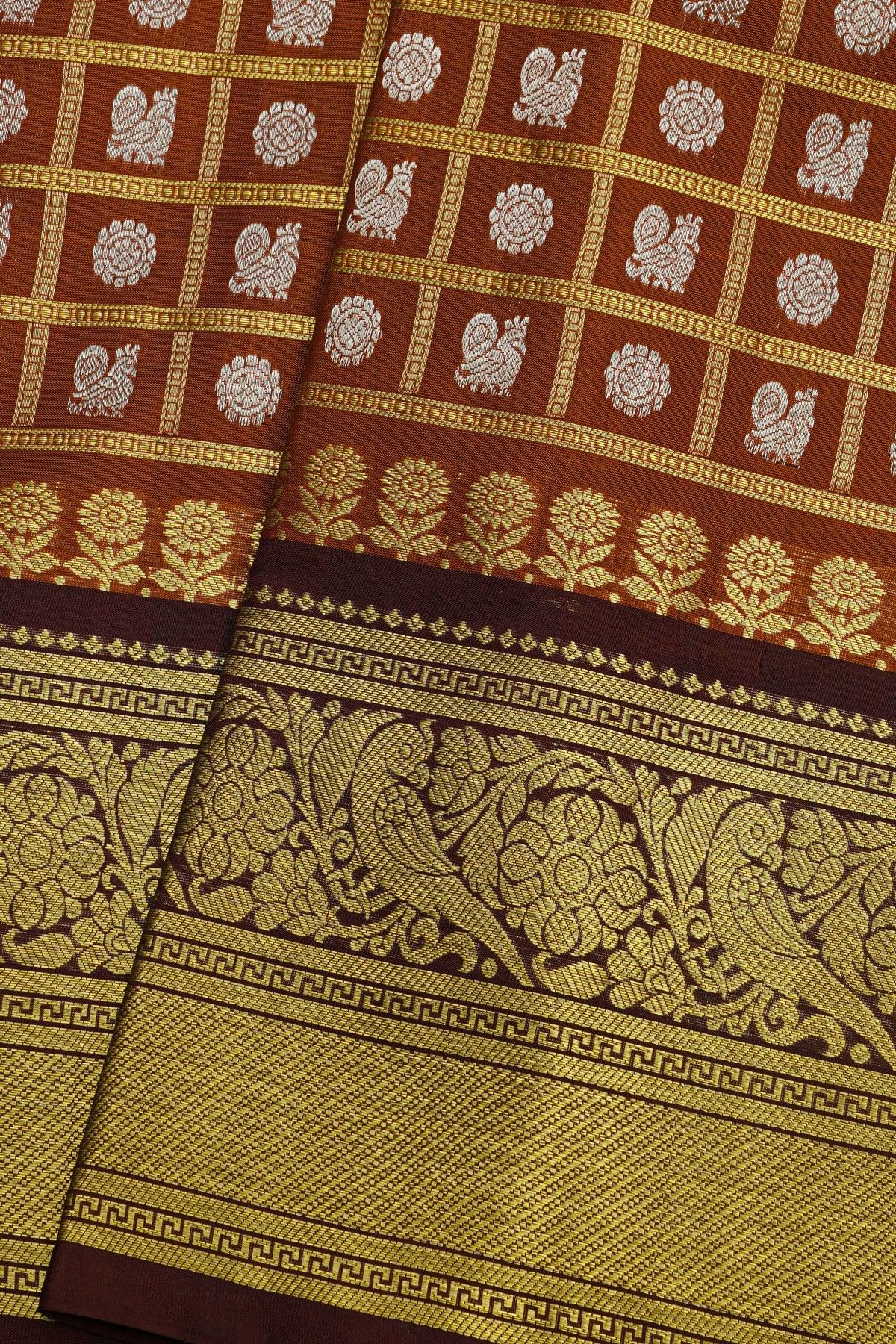 Venkatagiri Silk Brick Brown Saree With Floral Leaf Jaal And Birds Border