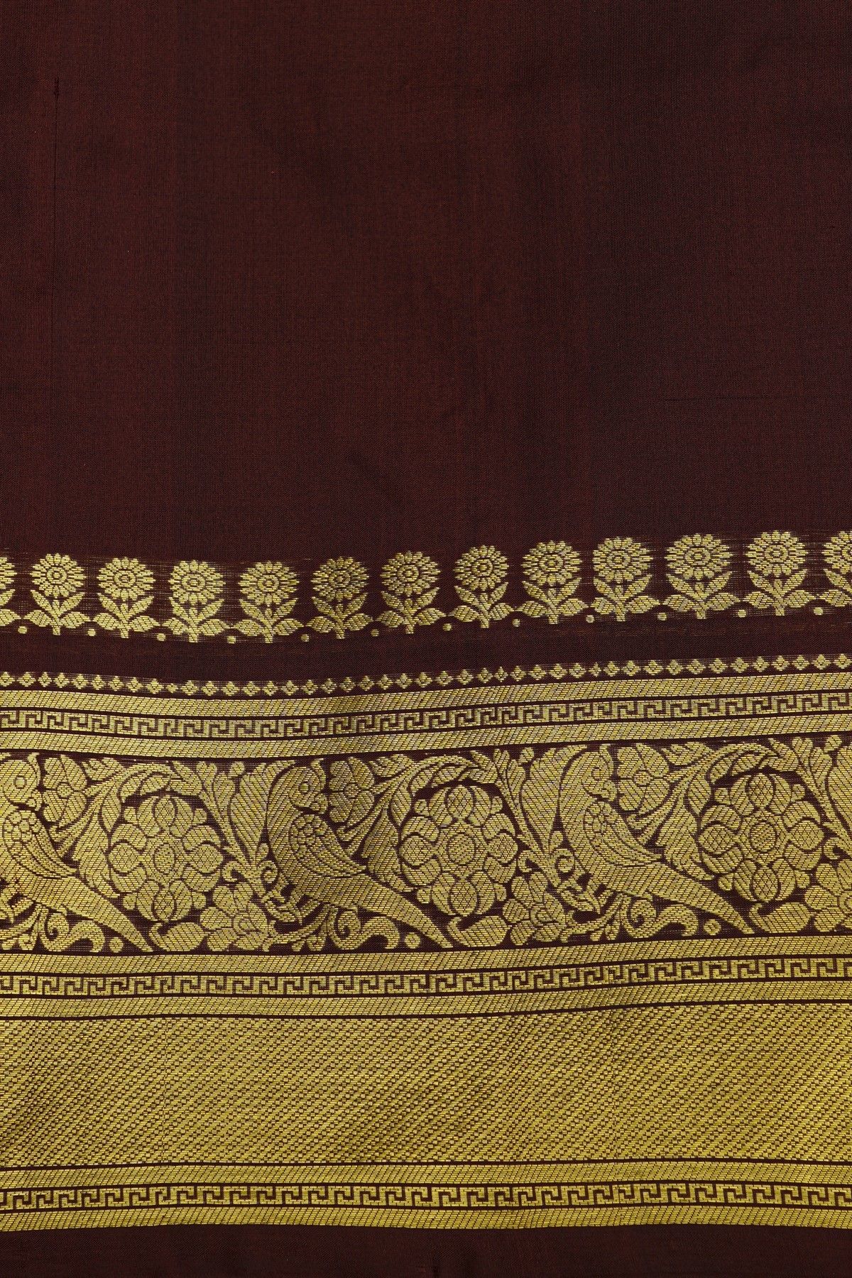 Venkatagiri Silk Brick Brown Saree With Floral Leaf Jaal And Birds Border