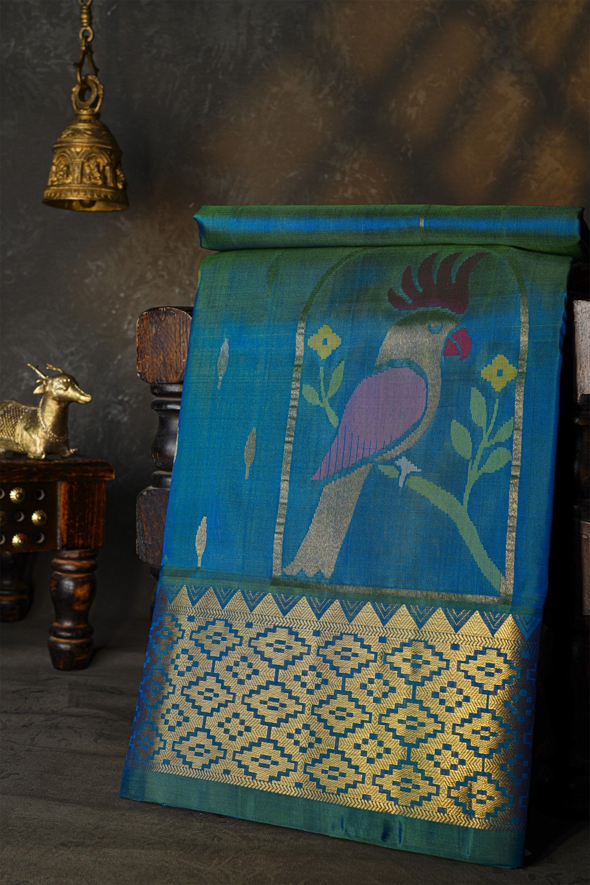 Venkatagiri Silk Royal Blue Saree With Florals And Parrot Buttis Body