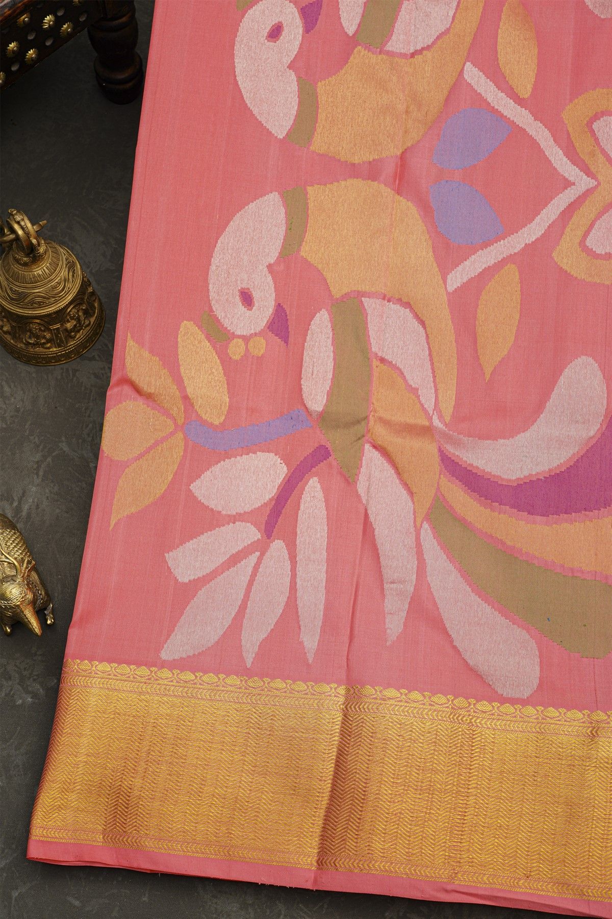 Venkatagiri Silk Baby Pink Saree With Florals And Peacocks Jamdani Pallu