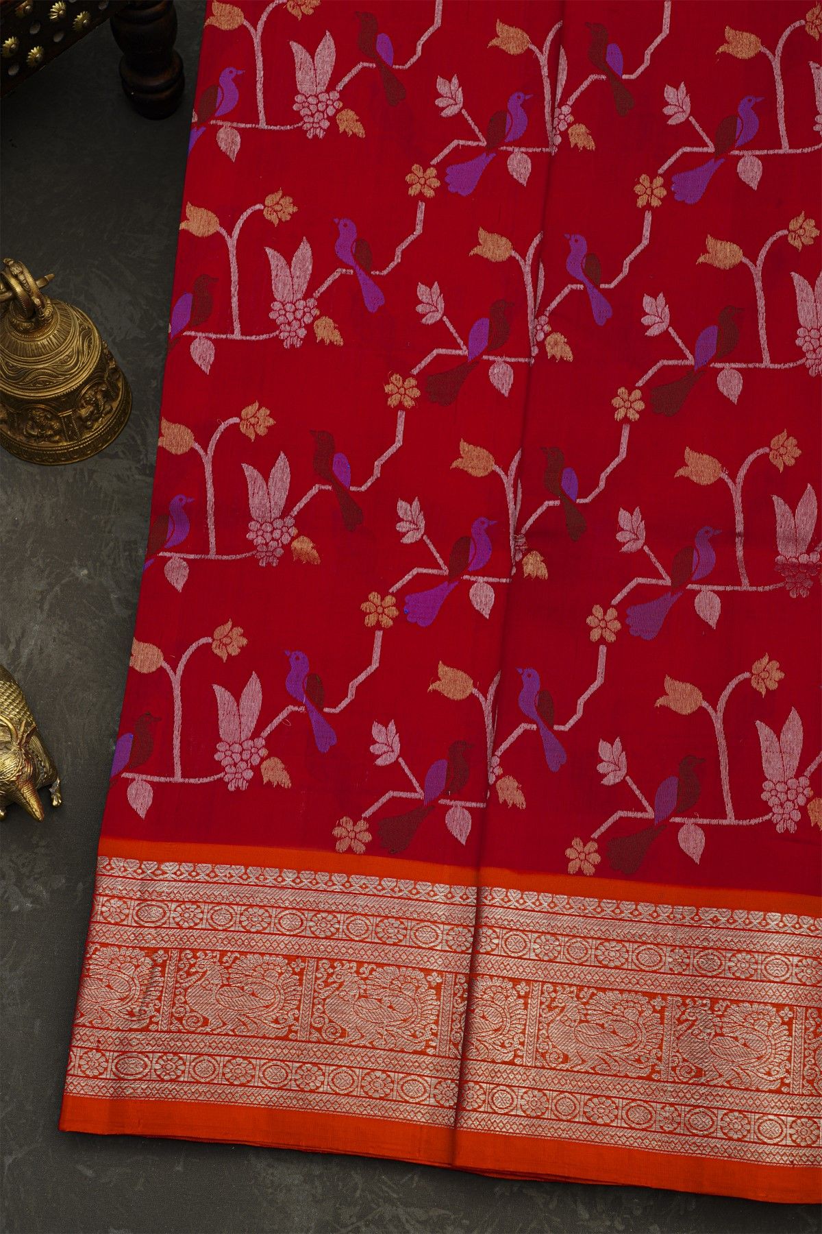 Venkatagiri Silk Red Saree With Leaf Jaal And Bird Motifs Body