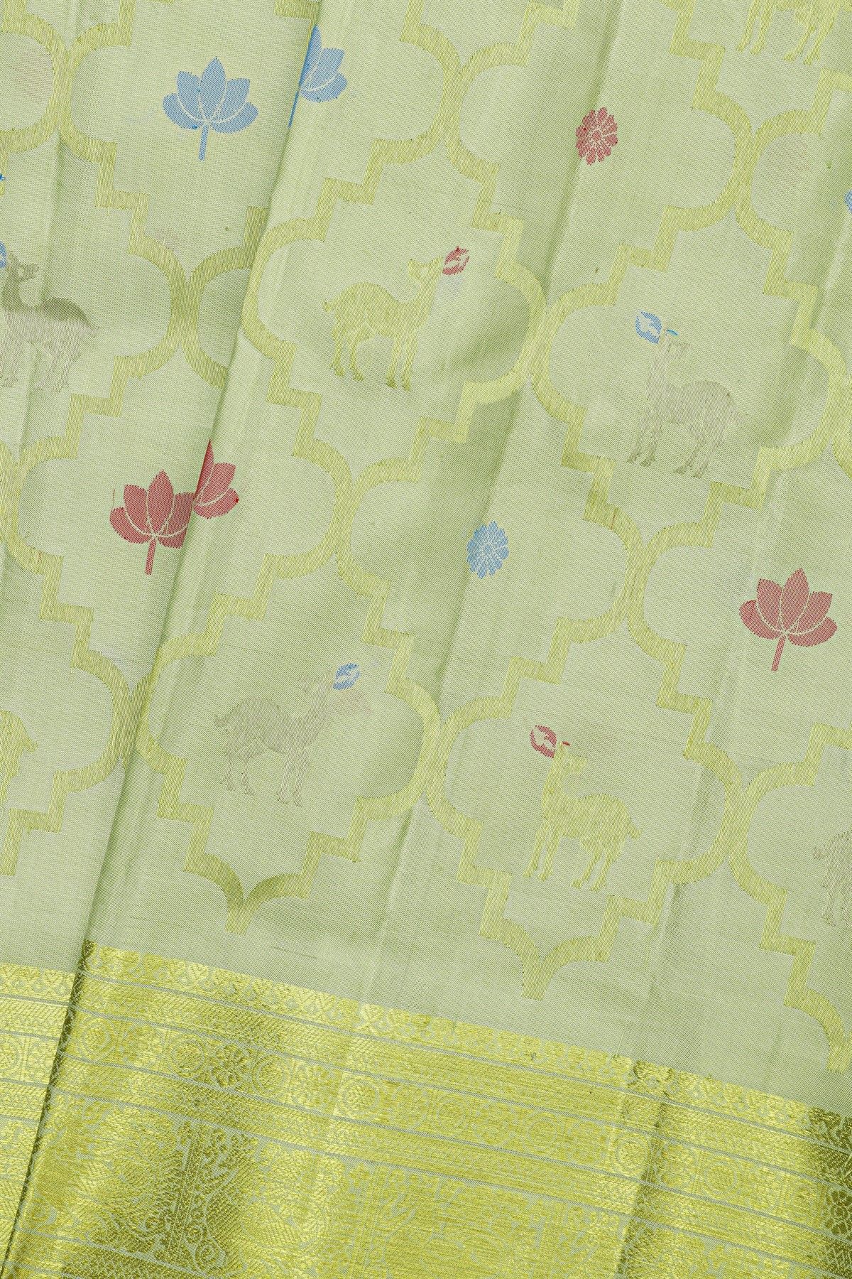 Venkatagiri Silk Mint Green Saree With Florals And Peacocks Border