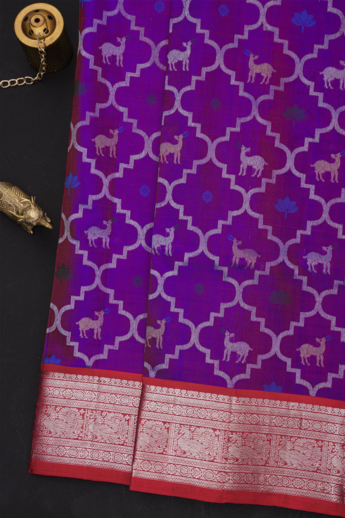 Venkatagiri Silk Purple Saree With All Over Floral Buttis And Animal Weave Body