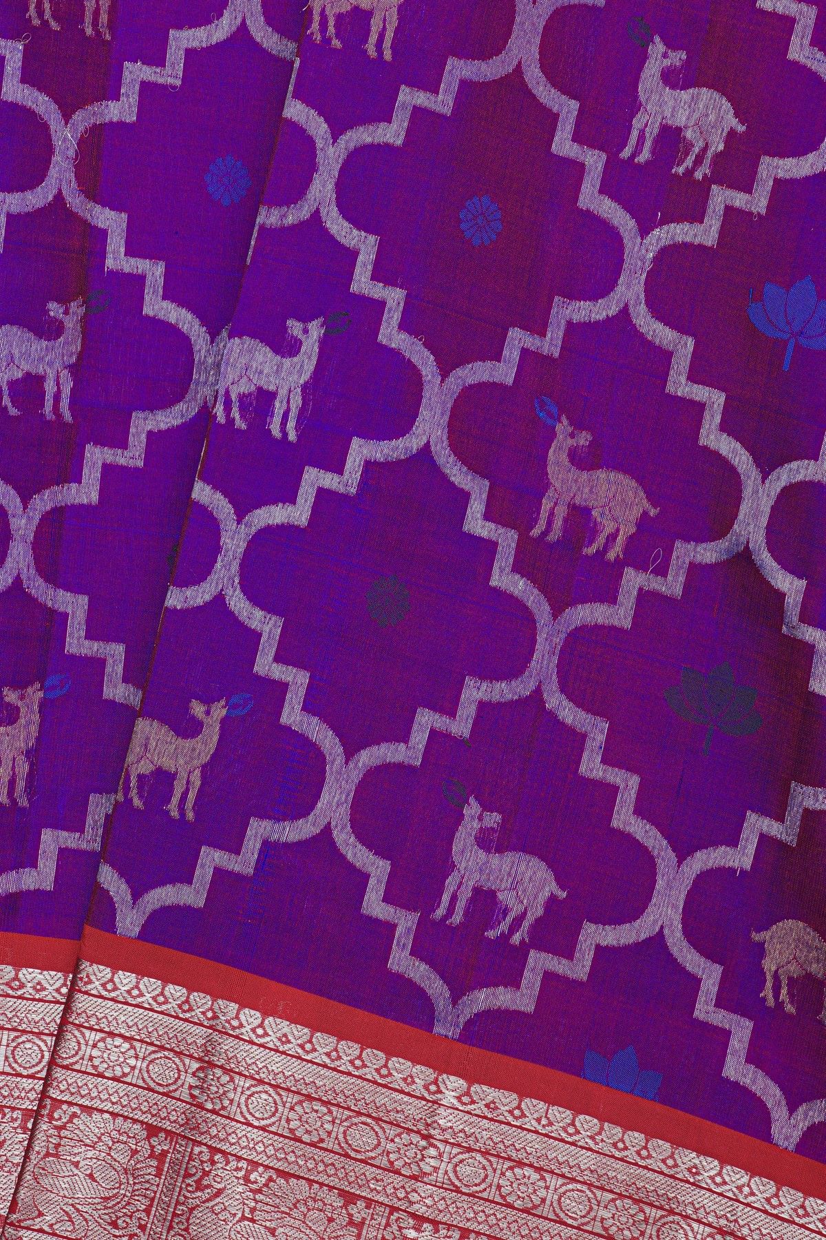 Venkatagiri Silk Purple Saree With All Over Floral Buttis And Animal Weave Body