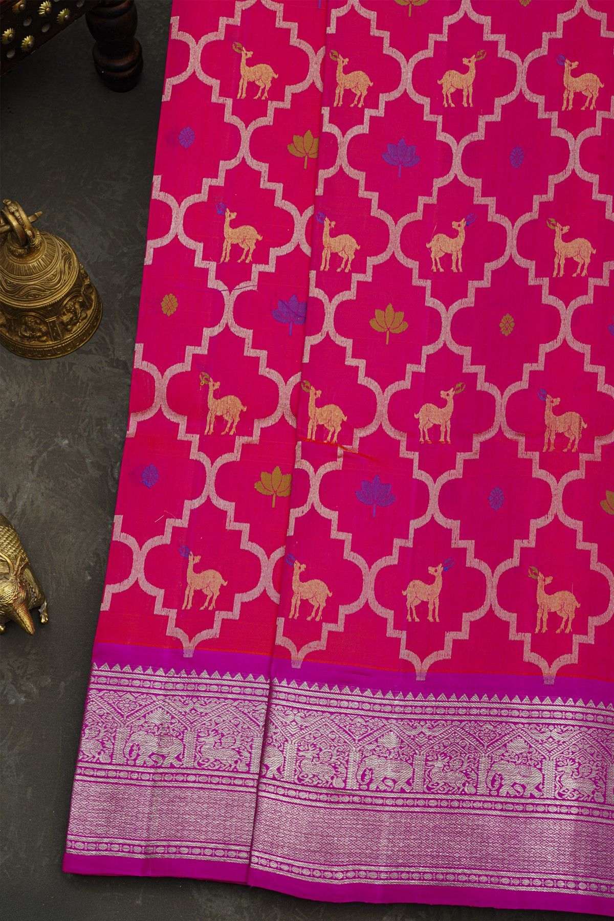 Venkatagiri Silk Hot Pink Saree With Floral Jaal And Deer Buttis Body