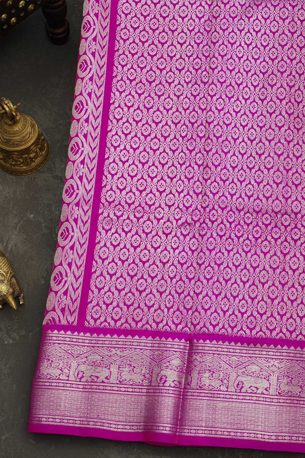 Venkatagiri Silk Hot Pink Saree With Floral Jaal And Deer Buttis Body