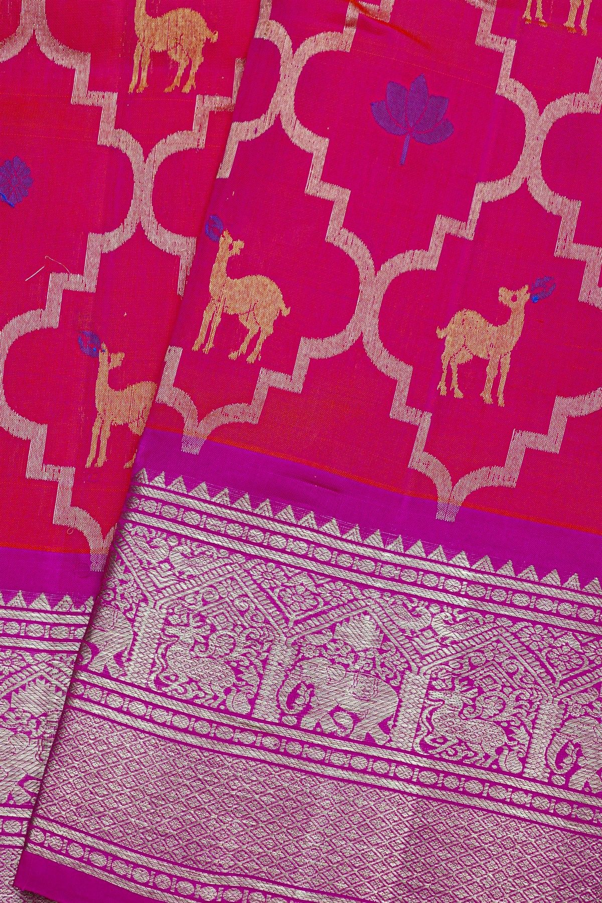Venkatagiri Silk Hot Pink Saree With Floral Jaal And Deer Buttis Body