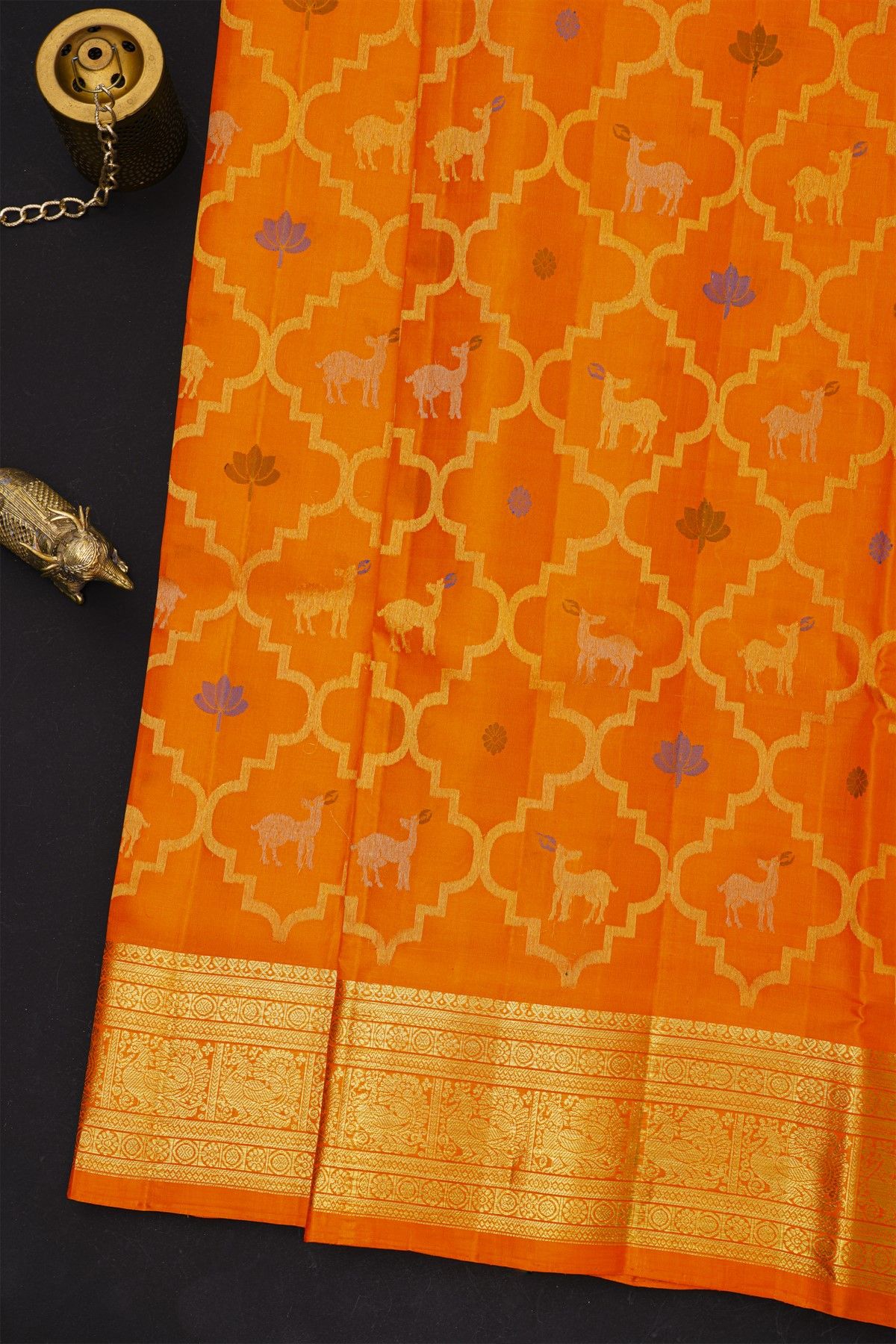 Venkatagiri Silk Orange Saree With All Over Floral Buttis And Animal Weave Body