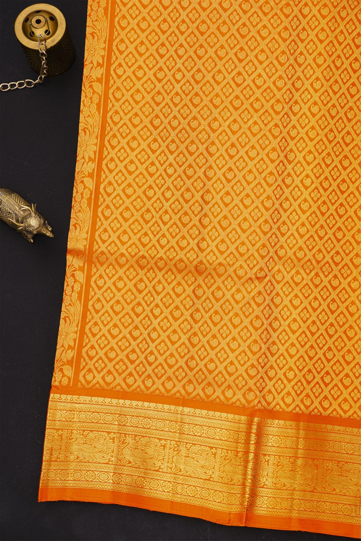Venkatagiri Silk Orange Saree With All Over Floral Buttis And Animal Weave Body