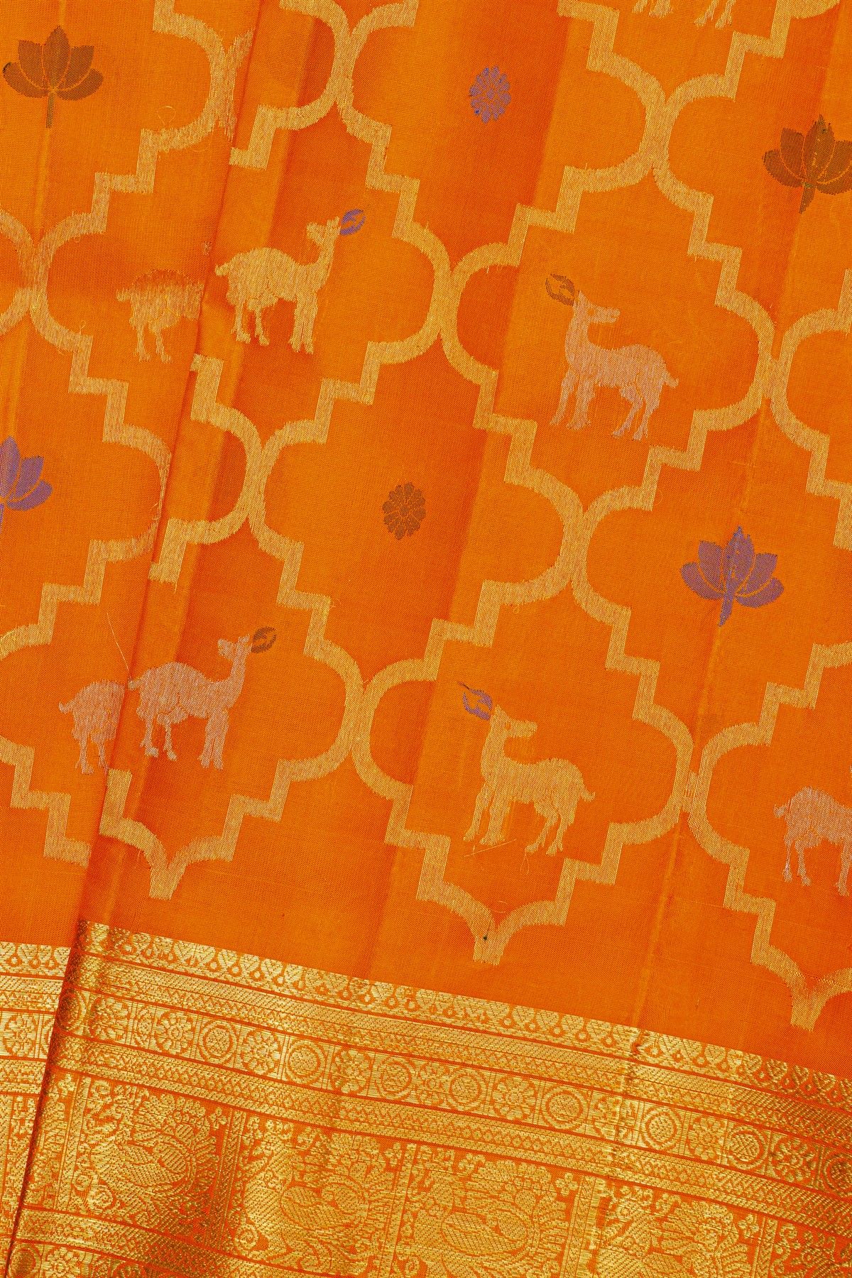 Venkatagiri Silk Orange Saree With All Over Floral Buttis And Animal Weave Body