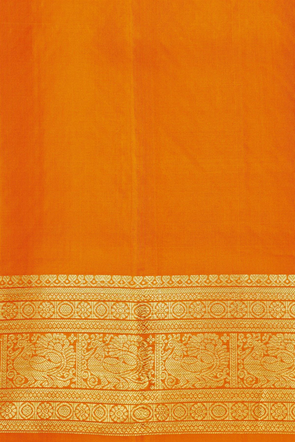 Venkatagiri Silk Orange Saree With All Over Floral Buttis And Animal Weave Body