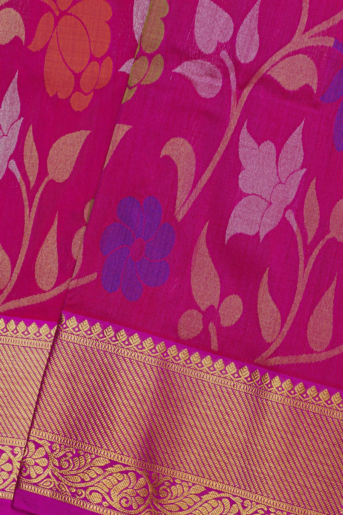 Venkatagiri Silk Rani Pink Saree With Floral And Leaf Jaal Jamdani Body