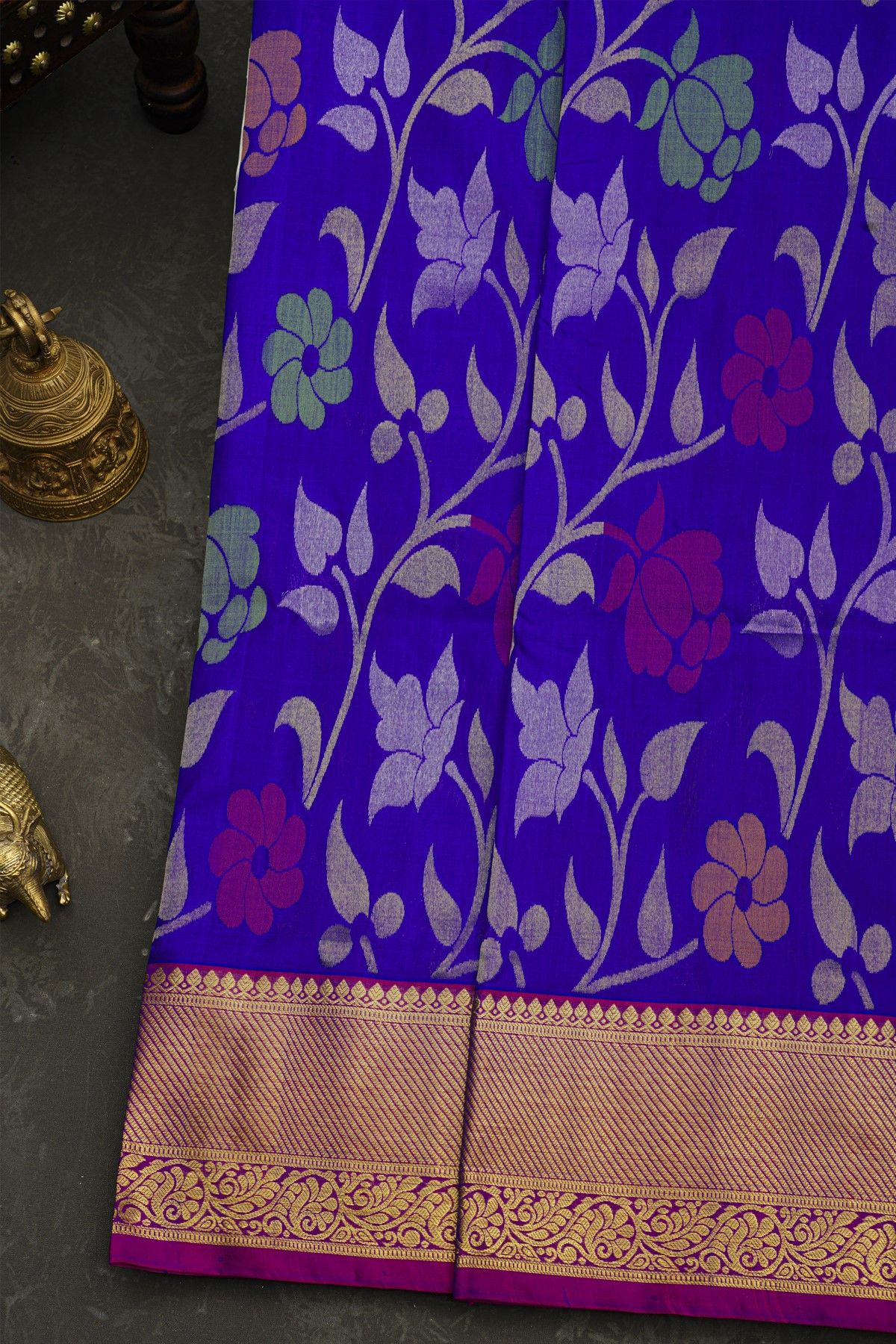 Venkatagiri Silk Royal Blue Saree With Florals And Leaves Body