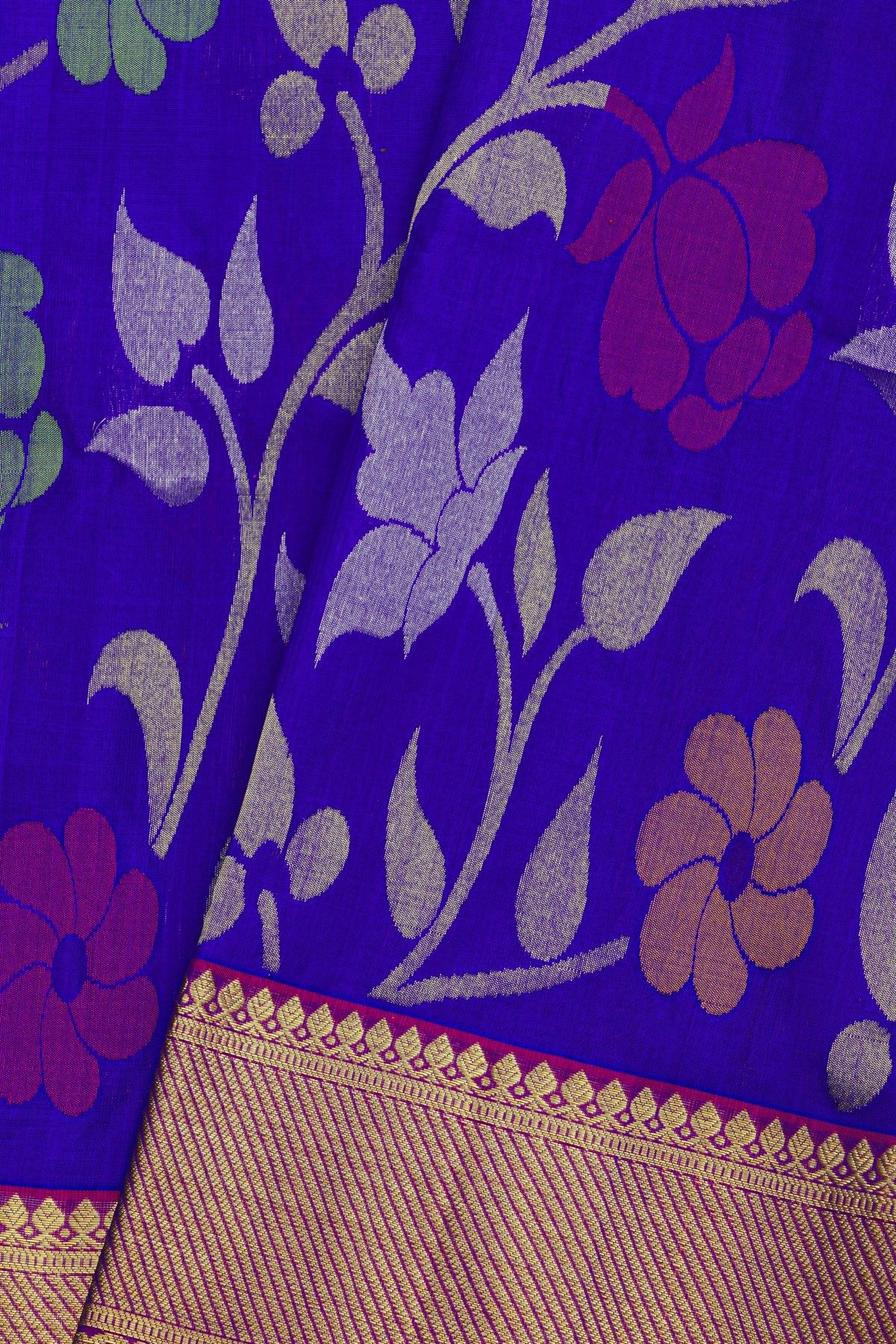 Venkatagiri Silk Royal Blue Saree With Florals And Leaves Body
