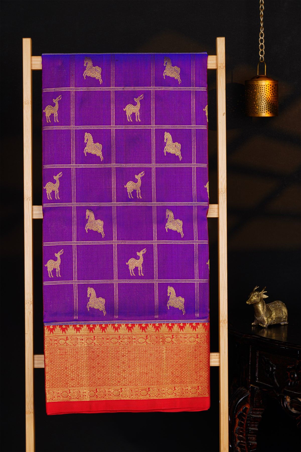 Venkatagiri Silk Violet Saree With All Over Zari Checks And Animal Body