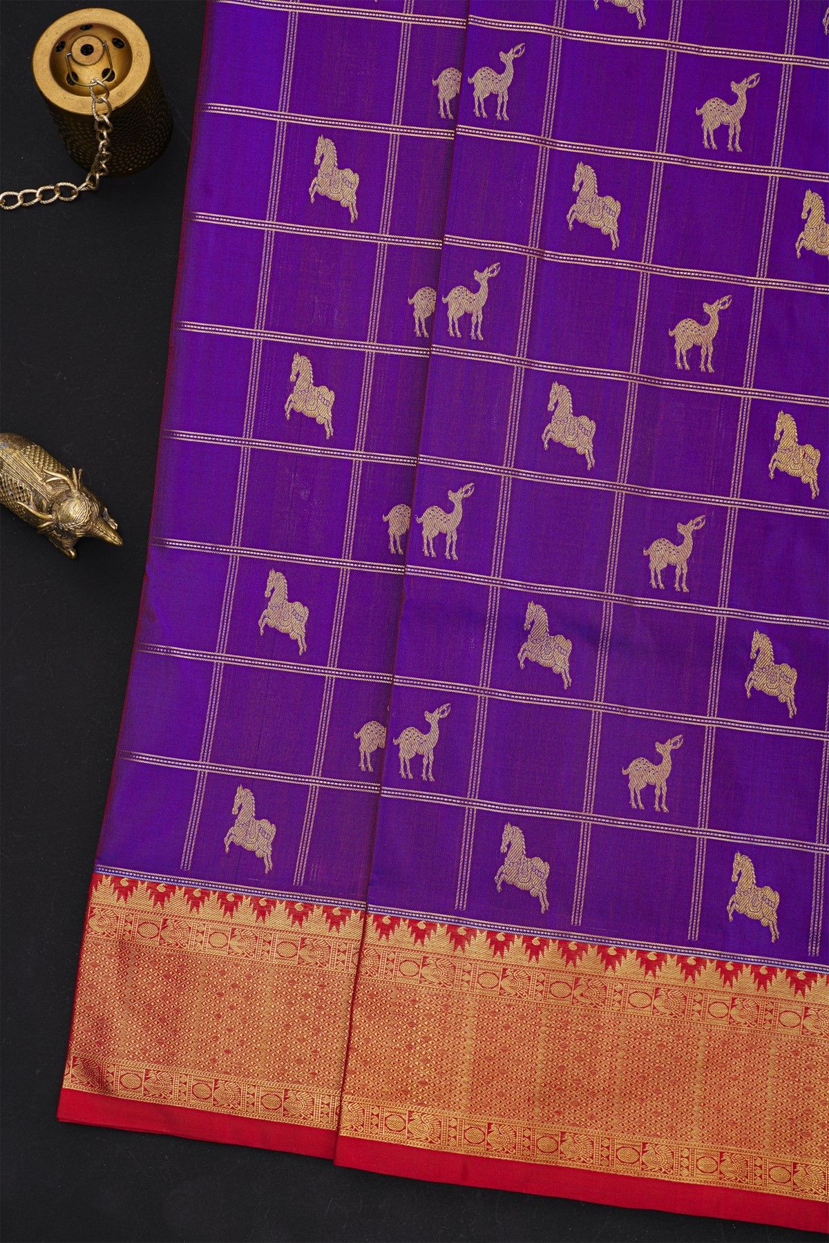 Venkatagiri Silk Violet Saree With All Over Zari Checks And Animal Body