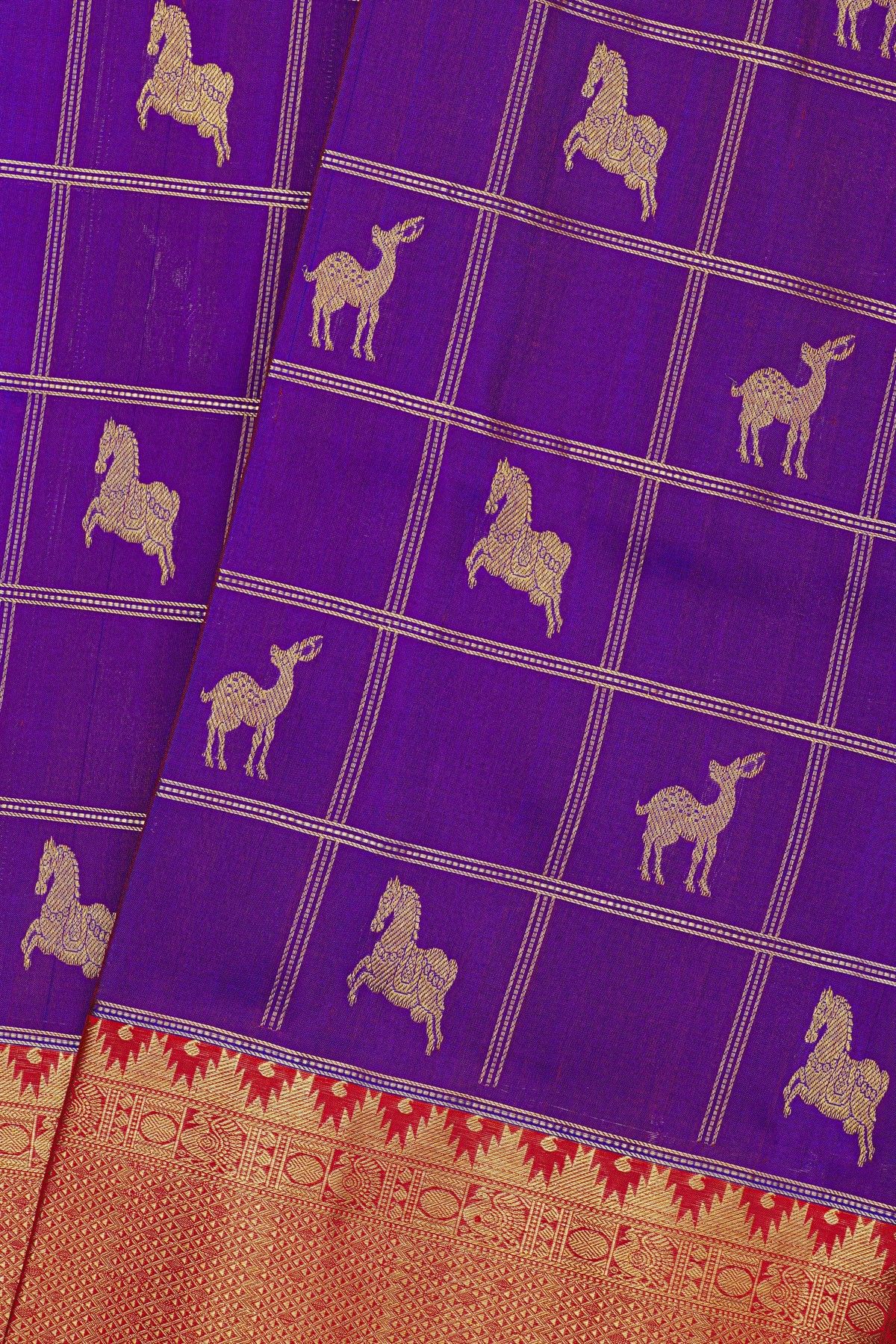 Venkatagiri Silk Violet Saree With All Over Zari Checks And Animal Body