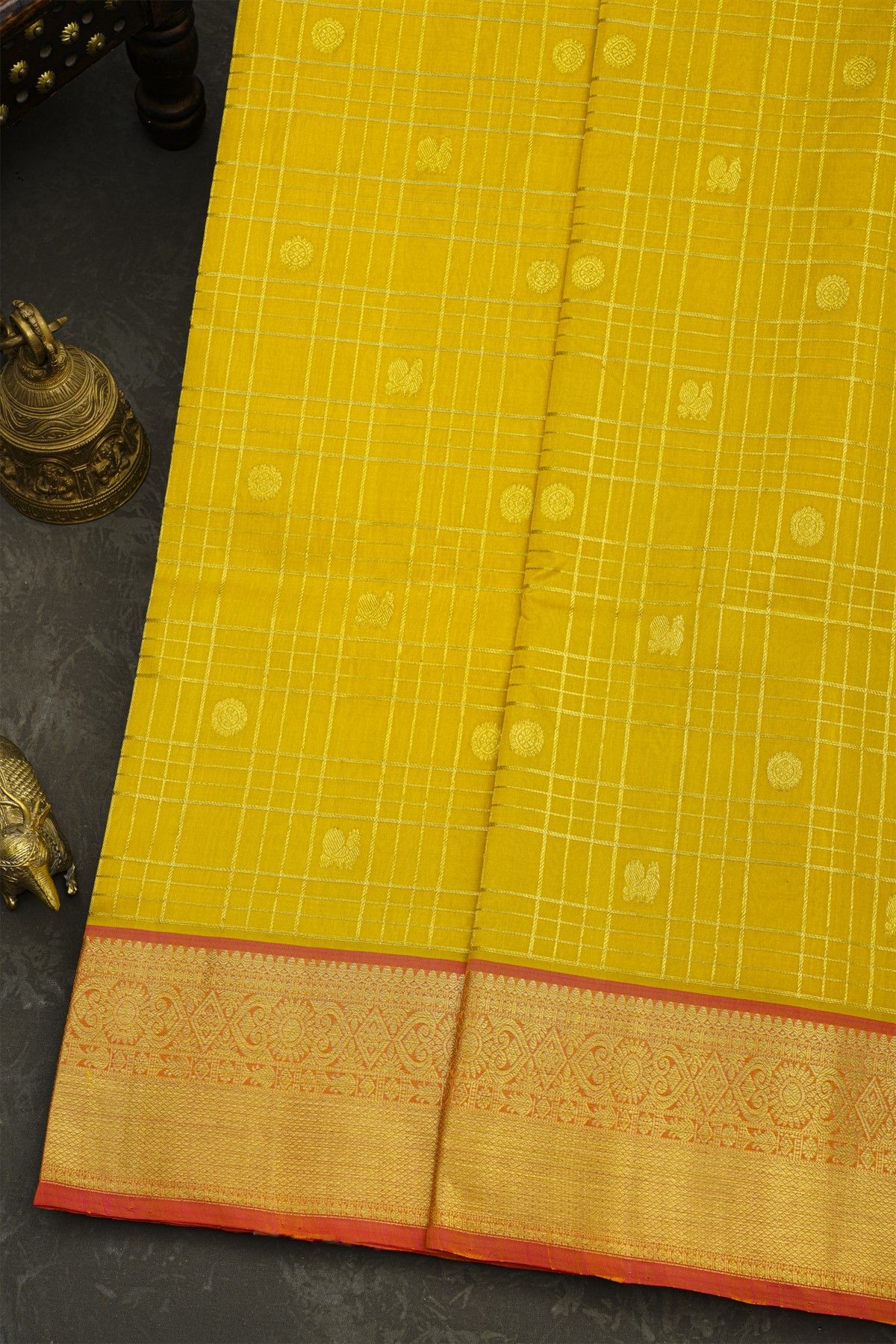Venkatagiri Silk Yellow Saree With Zari Checks And Peacock Buttis Body