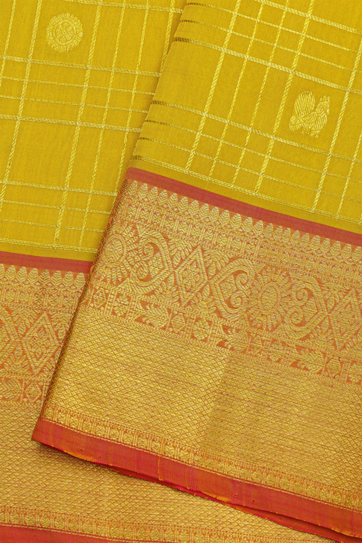 Venkatagiri Silk Yellow Saree With Zari Checks And Peacock Buttis Body